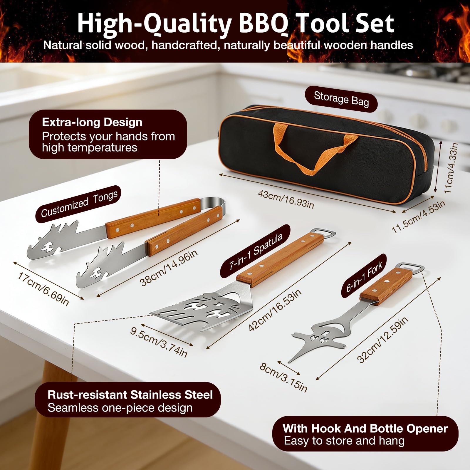 3-Piece BBQ Tools Set with Grill Spatula, Tongs, Fork - Wooden Handles, Duty Stainless Steel Barbecue Utensils Kit, 7-in-1 Turner & 6-in-1 Fork Functions As A Bottle Opener-Surprise Gifts for Men Dad - 4