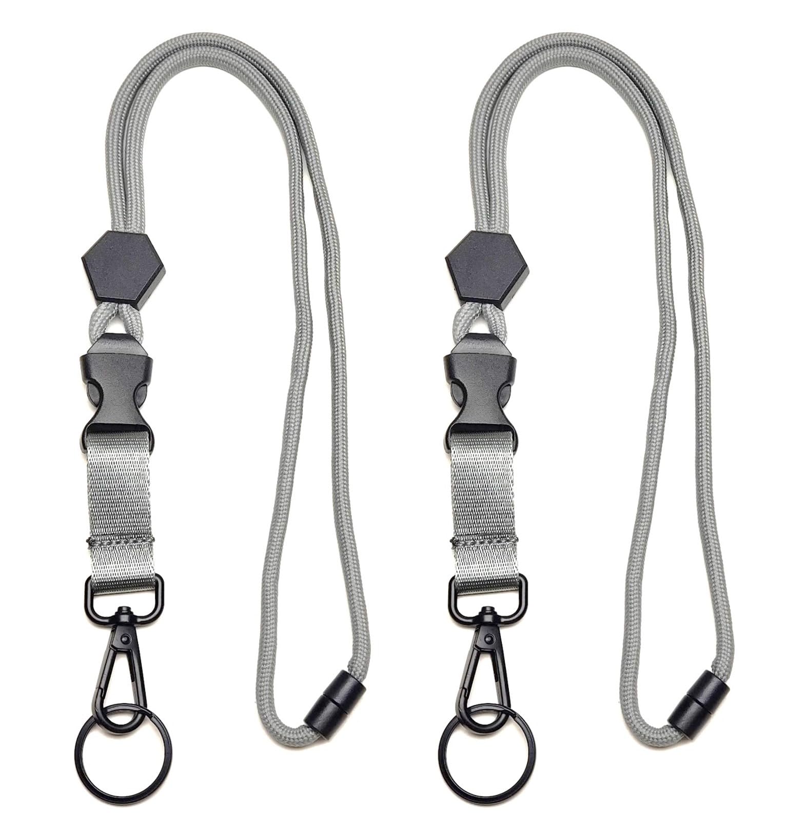 Heavy Duty Thick Rope Cord Lanyard with Metal Hook & Key Ring for ID Badge Keys, Safety Breakaway & Adjustable Length (2-Pack, 07 Grey)