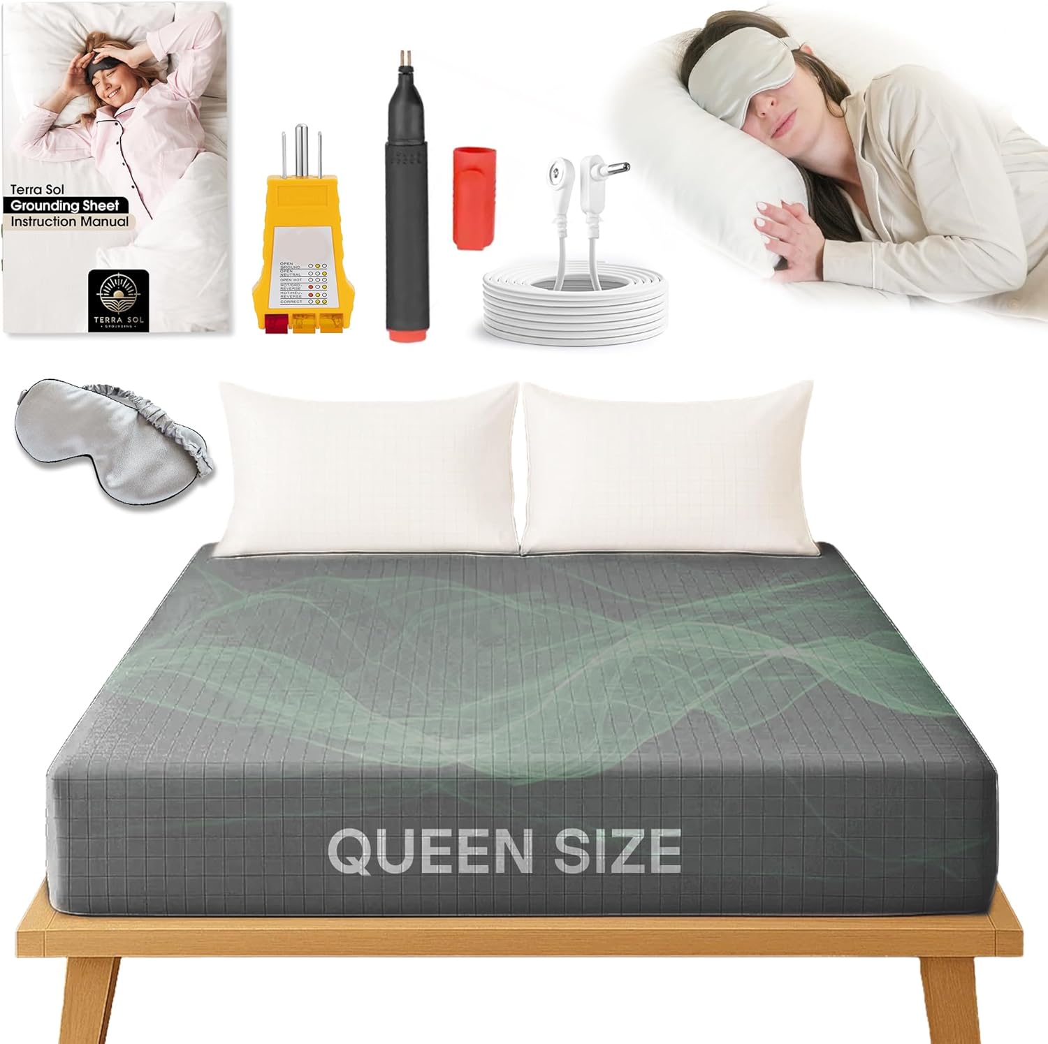 Terra Sol Bare Earth Grounding Sheets Queen Size - 88% Organic Cotton + 12% Silver Fiber Earthing Sheets - Complete Sleep Bundle with 15ft Cord, Safety Testers & Silk Sleep Mask (Grey)