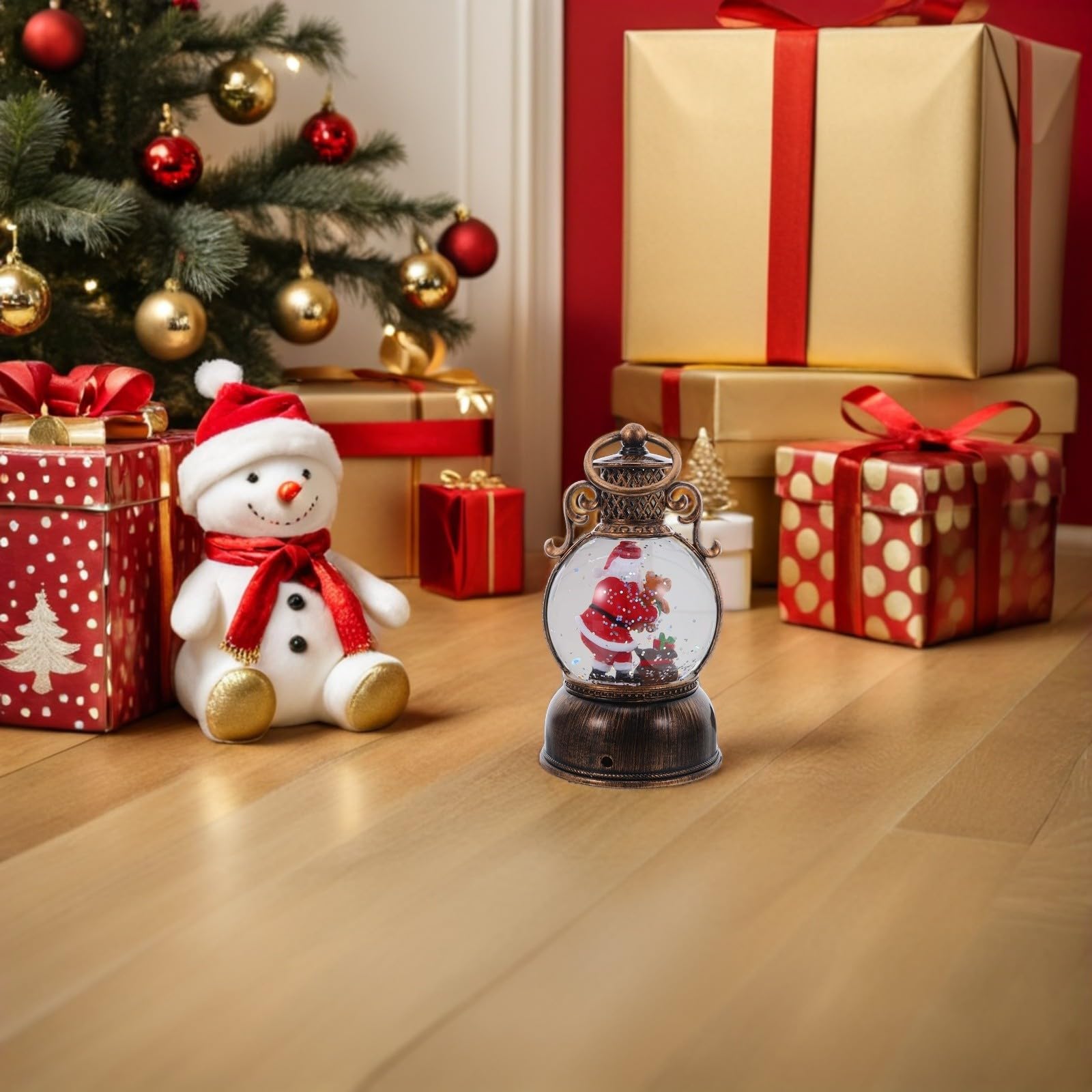 BESTonZON Bola de Nieve con Purpurina y Luz Musical en Forma de Muñeco de Nieve con Linterna para Decoraciones Navideñas Interiores y Celebraciones Familiares