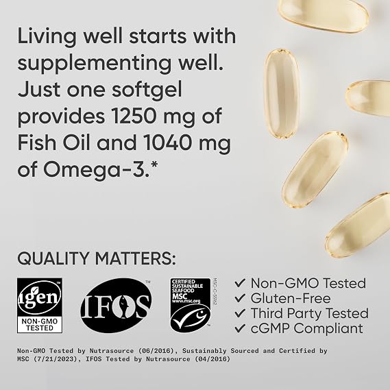 Sports Research Omega-3 Fish Oil 1250 - Triple Strength Fish Oil Supplement from Wild Alaska Pollock - MSC Certified Sustainable Non-GMO Soy Free - 180 Softgel Capsules