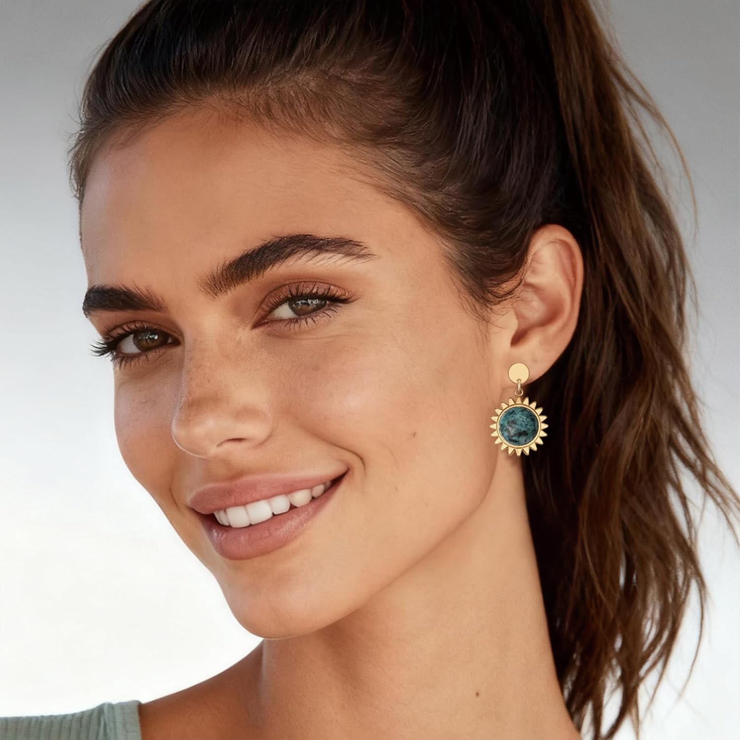 Gold Earrings for Women Natural Stone Earrings Drop Green Brown Black Dangle 14K Gold Plated Stainless Steel Stainless Steel Hypoallergenic - Image 2