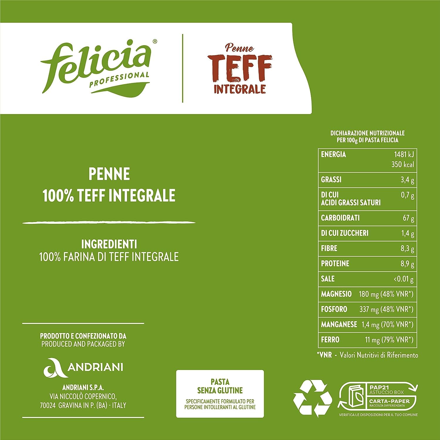 3 x Felicia Penne di Teff Integrale,Pasta con 100% grano integral, auténtico sabor de la cocina etíope, paquete de 250 g + lata italiana gourmet Polpa di Pomodoro de 400 g