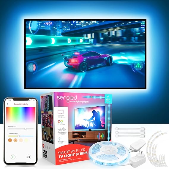 Sengled Smart TV LED Backlights for 45-75 inch TVs, 8 PCS Segmented Strip Lights, Compatible with Google Home, Music Sync Wi-Fi RGB Ambient Lighting, Grouping, Adjustable Length, 25,000 Hours