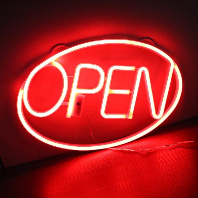 iKefe 42cm x 25cm LED Neon Light Up Open Sign with Remote Timer Adjustable Brightness, USB Powered Open Closed Door Signage, Large Outdoor Neon LED Lighted Signs for Business Hours, Shop, Bar (Red)