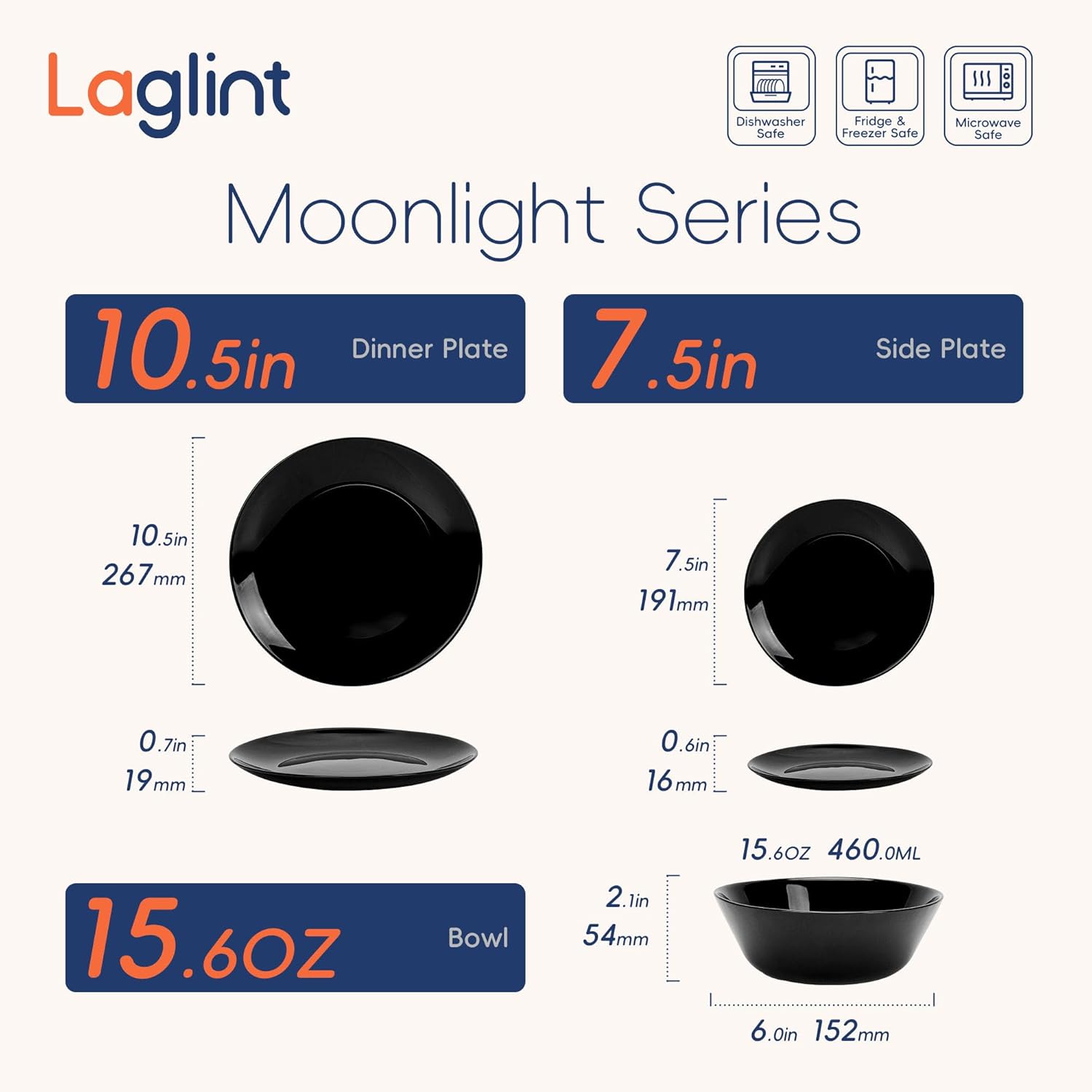 Dinnerware Sets for 4, LaGlint 12 Pieces Opal Glass Plates and Bowls Set, Dishwasher and Microwave Safe Dish Dinning Ware, Chip and Scratch Resistant Dishware Black - Image 6