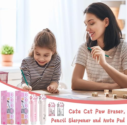 Miniatura 7 de TPBSITNS 6 piezas de material escolar Kawaii de pata de gato, 2 sacapuntas manual + 2 borradores retráctiles + 2 notas adhesivas Kawaii, juego de