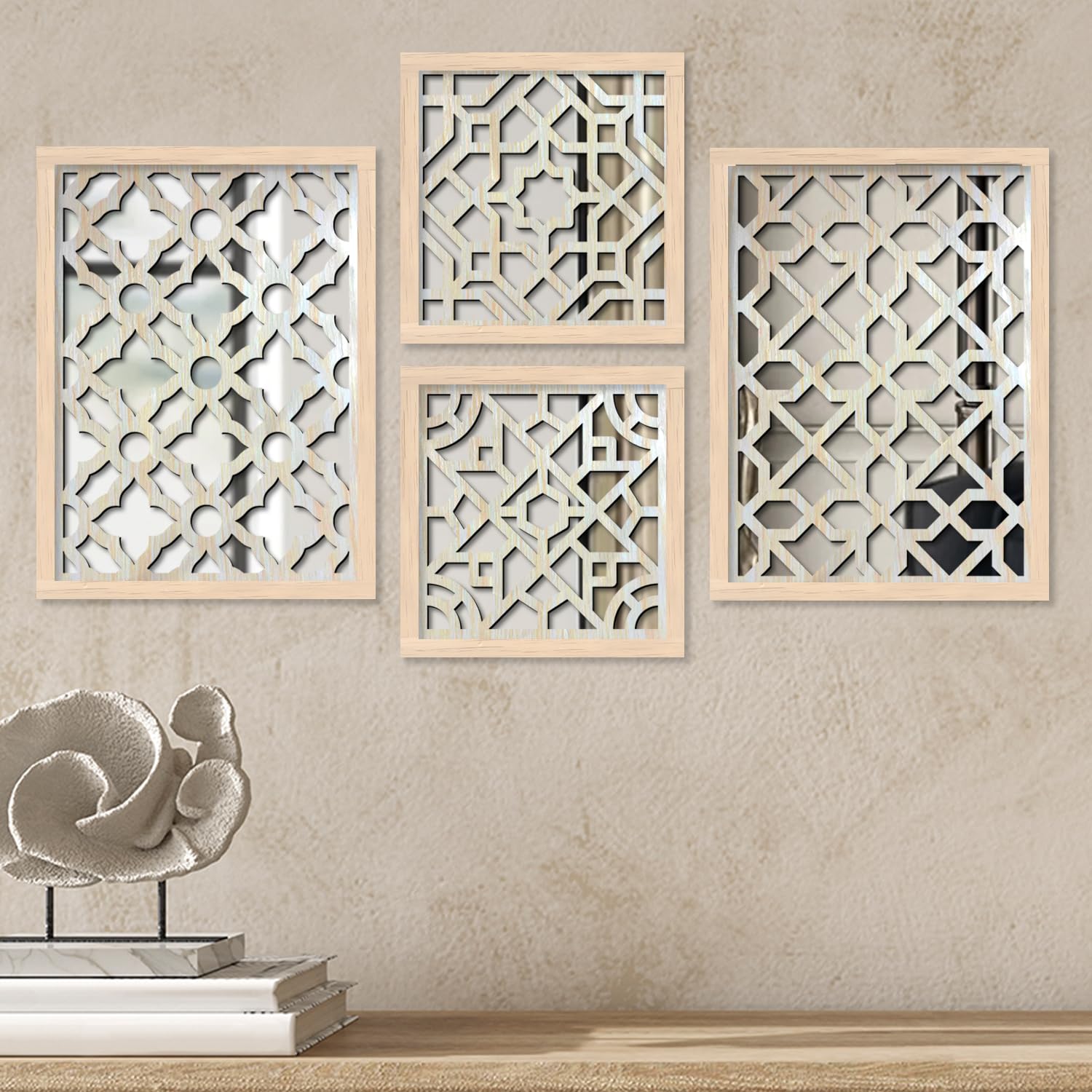 kotart Wall Mirror Decor Panel Wooden Hanging Rectangular Wall Decor Frame for Living Room, Bedroom - Decorative Wall Mirrorr - Wooden Jharokha Frames Mirror (Style01) (Art 3, 11X14 Or 11X11)