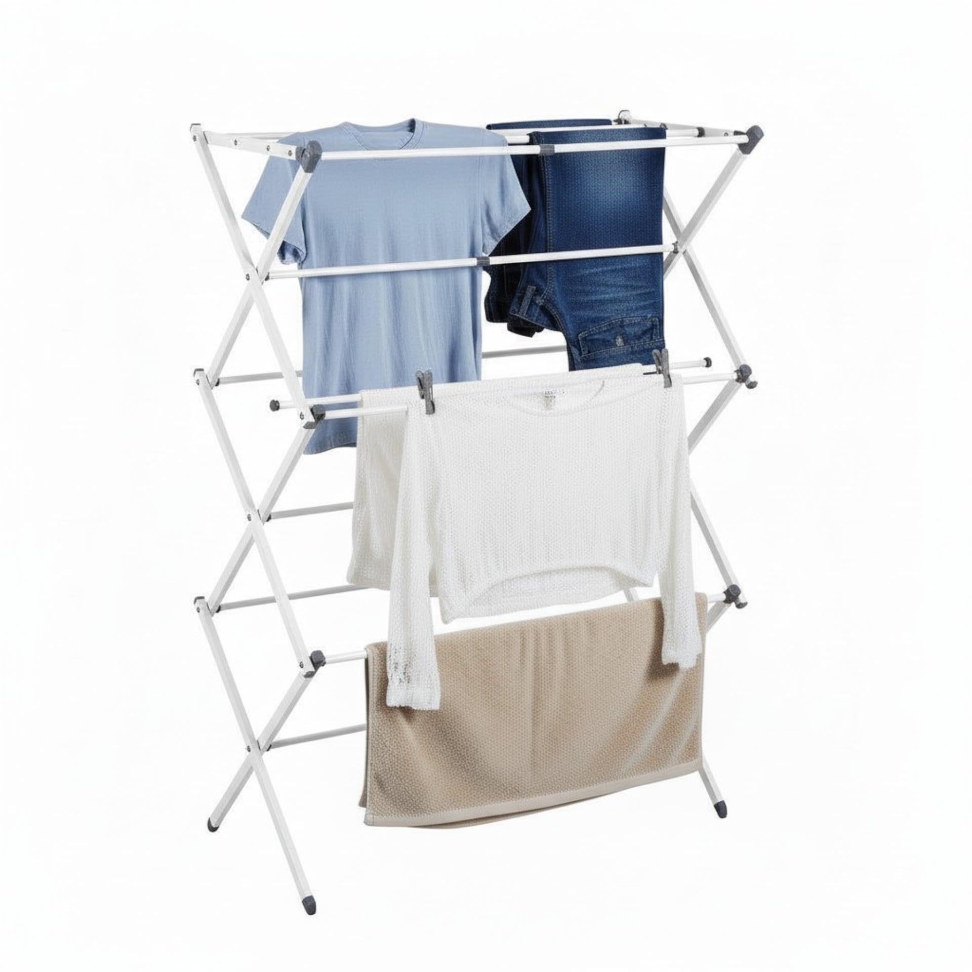 AH Living 3-Tier Extendable Clothes Airer, Foldable Laundry Rack for Air Drying Clothing, Suitable for Indoor & Outdoor Use, Space Saving, Energy Efficient, Expands 43-74cm Wide (White)