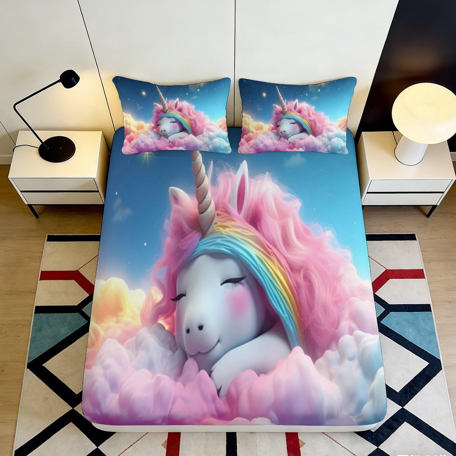 3D Printed Dreamy Unicorn Fitted Sheet Microfiber Soft Pastel Rainbow Cloud Mattress Cover for Bedroom Guest Room Decor 90x200x25cm