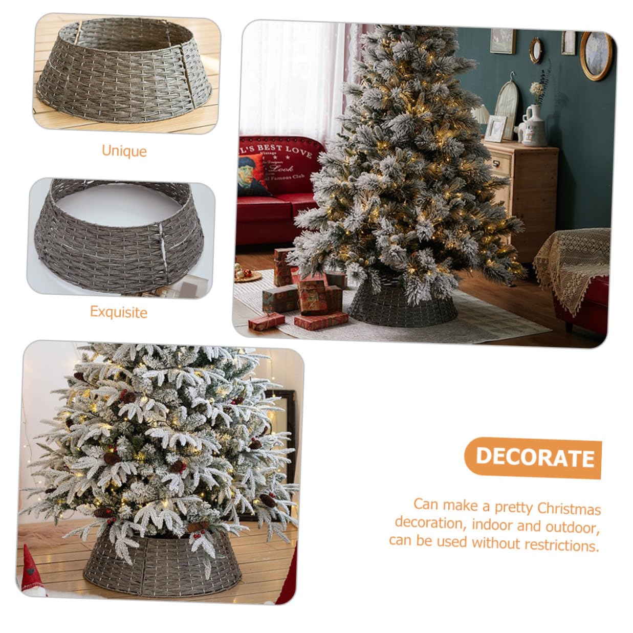 Falda de Árbol de Navidad Rústica Tejido Manual Plástico Gris Pequeña Collar Decorativo para Árbol Artificial Base Circular para Decoración Interior y Exterior Navideña