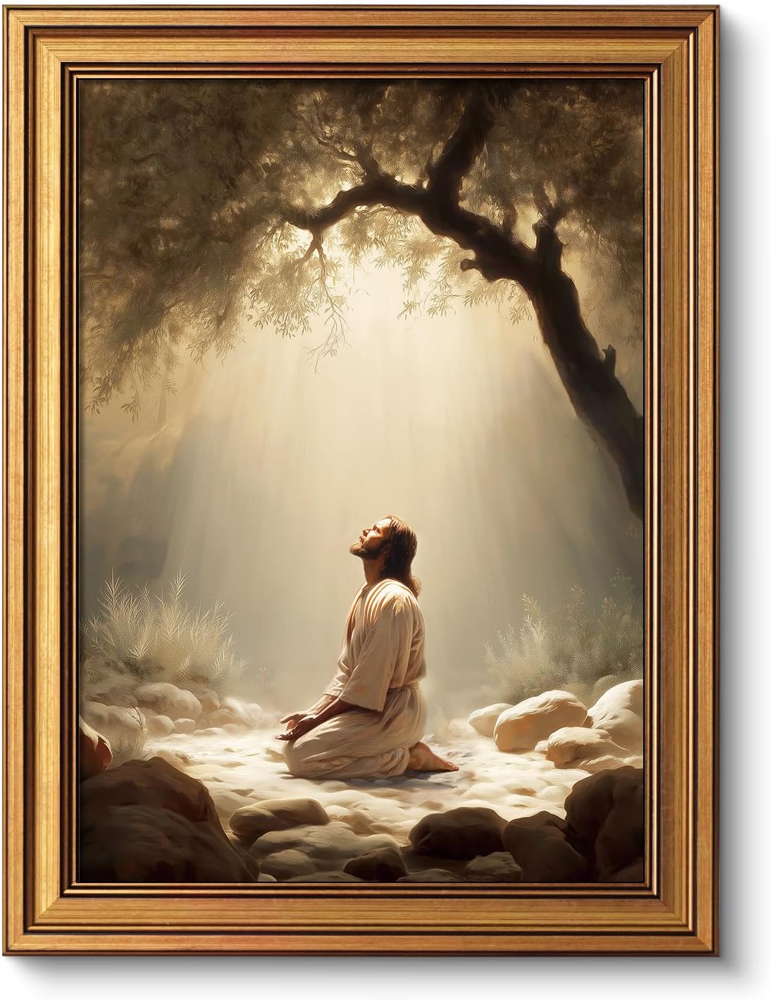 VIYYIEA Gold Framed Christian Vintage Canvas Wall Art, Jesus Prayers Canvas Wall Decor, Jesus Praying in the Garden of Gethsemane Poster Prints for Bedroom Church Home Decoration 12x16in