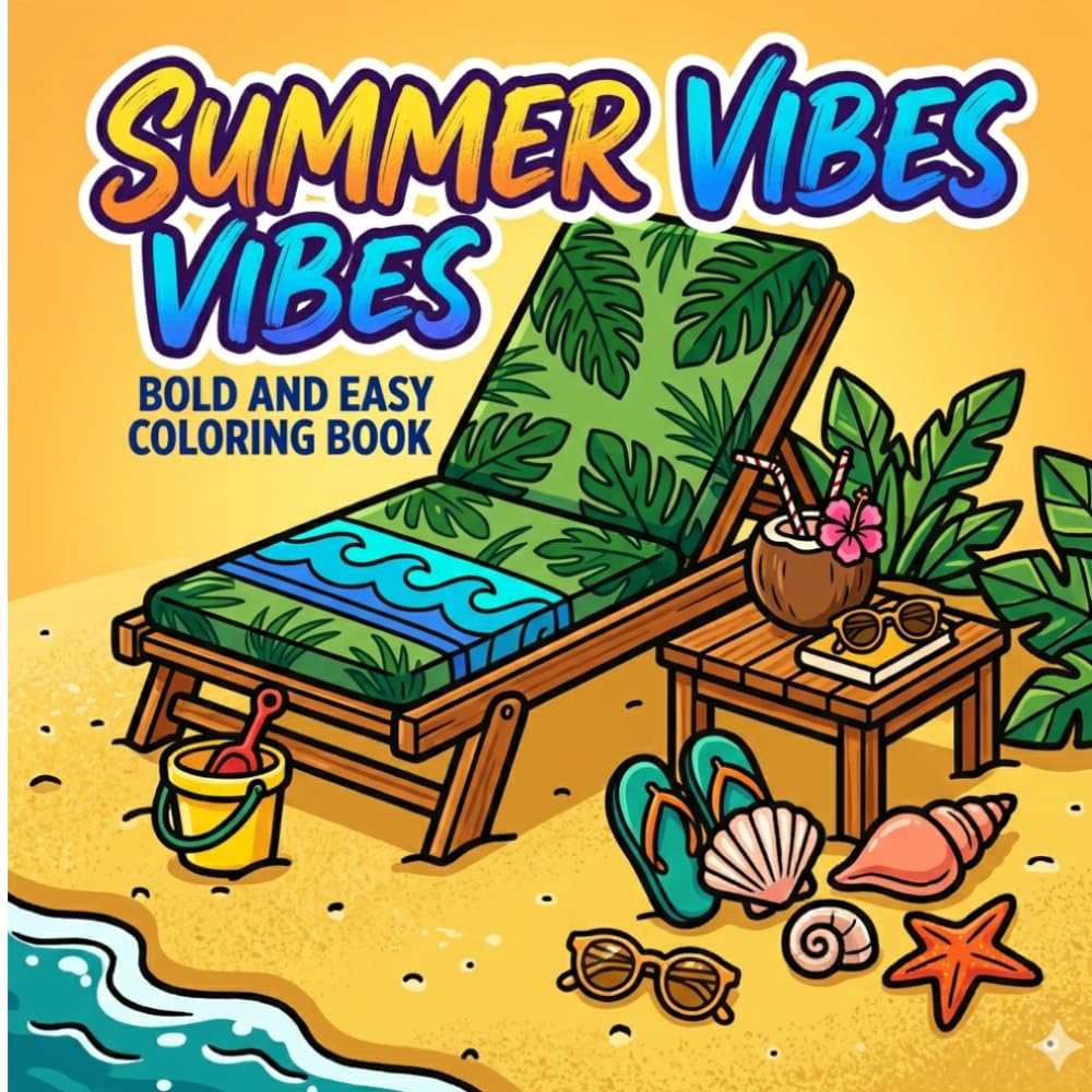 Summer Vibes Bold and Easy Coloring Book: Chill Summer Objects, Tropical Elements and Holiday Fun Stress Relief Coloring Pages for Adults and Teens