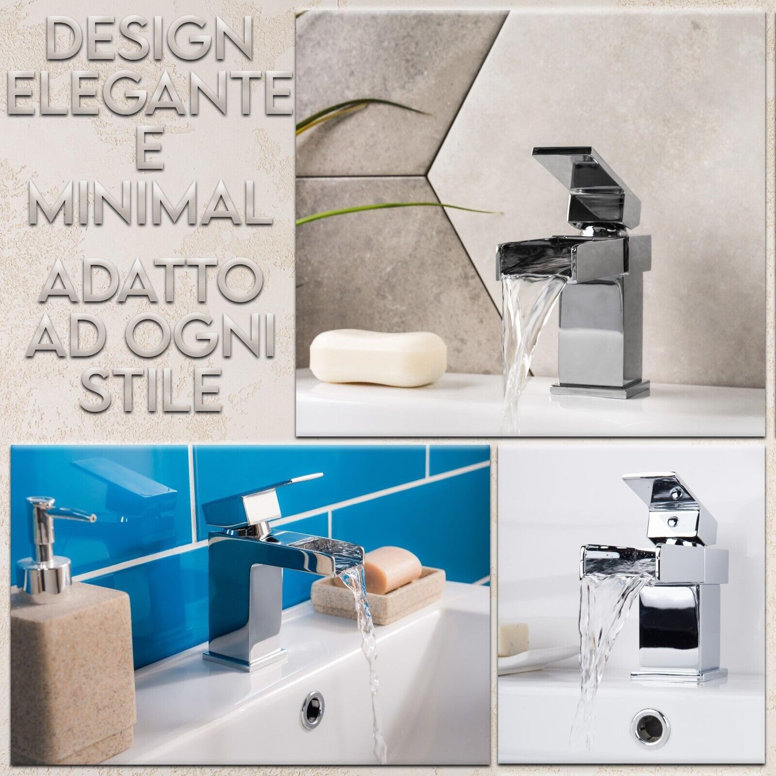 MAKA Rubinetto Lavabo Bagno a Cascata in Acciaio Inox Cromato con Piletta Inclusa Miscelatore Monocomando Lavandino Cucina ad Alta Pressione Kit Montaggio Guarnizioni e Tubi Satinato (h 16.5 cm)