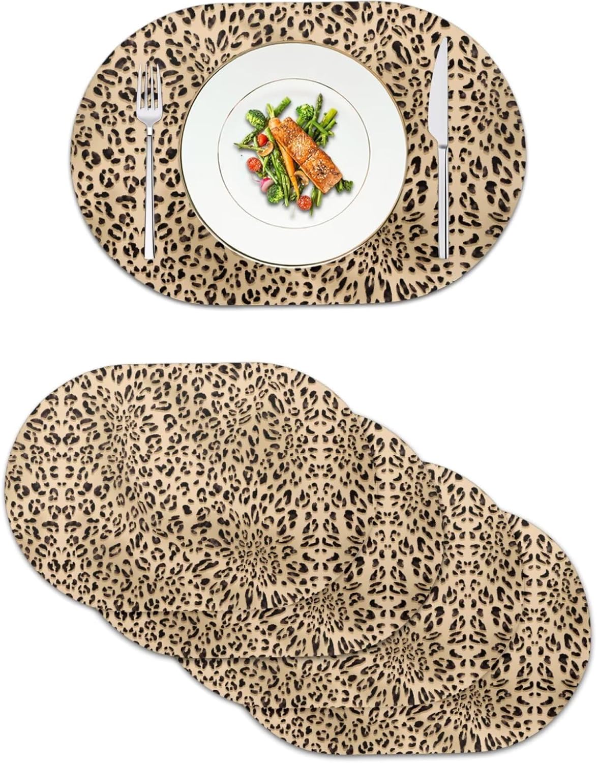 Leopard Print Waterproof Place Mats,Faux Leather Placemats of Dining and Kitchen Table,Stain and Heat Resistant,Anti-Slip,Wipable and Washable Table Mat Set of 4,Easy Care