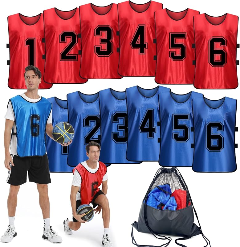 12 pinnies deportivos numerados para entrenamiento de fútbol y baloncesto | Camisetas de práctica de chaleco de escaramuza transpirables para niños y jugadores jóvenes