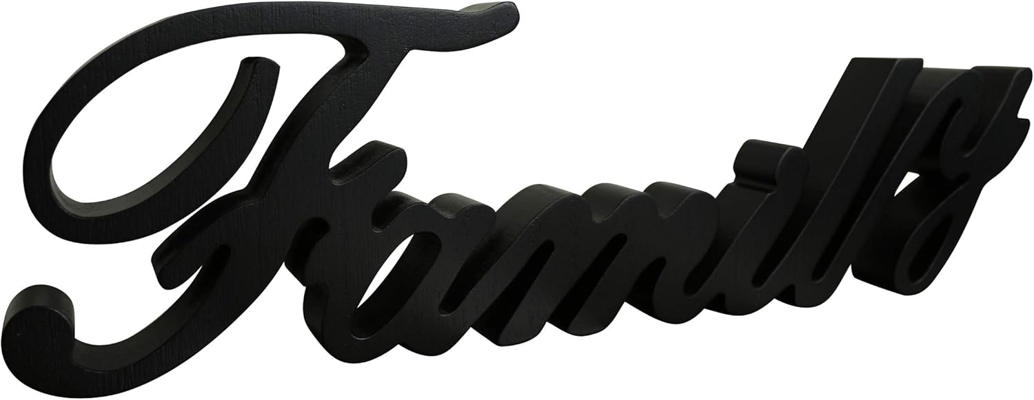 CVHOMEDECO. Matt Black Wooden Words Sign Free Standing "Family" Tabletop/Shelf/Home Wall/Office Decoration Art, 15-3/4 x 4-1/2 x 1 Inch