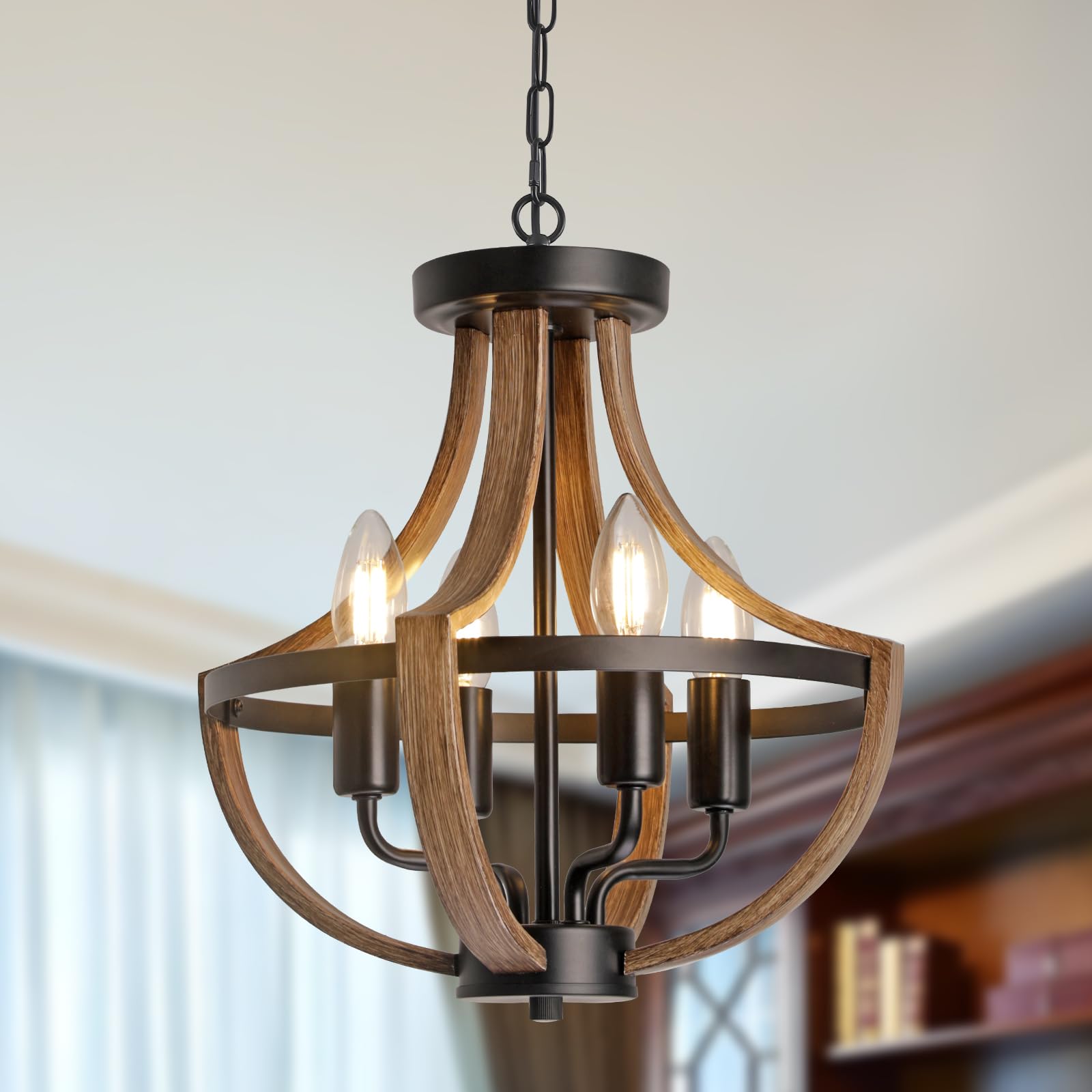 Kronleuchter im Landhausstil, Vintage-Stil, 4-flammig, höhenverstellbar, rustikale Metall-Deckenleuchte in Holzmaserung, für Esszimmer, Küche, Foyer, Flur, Eingangsbereich, Schlafzimmer