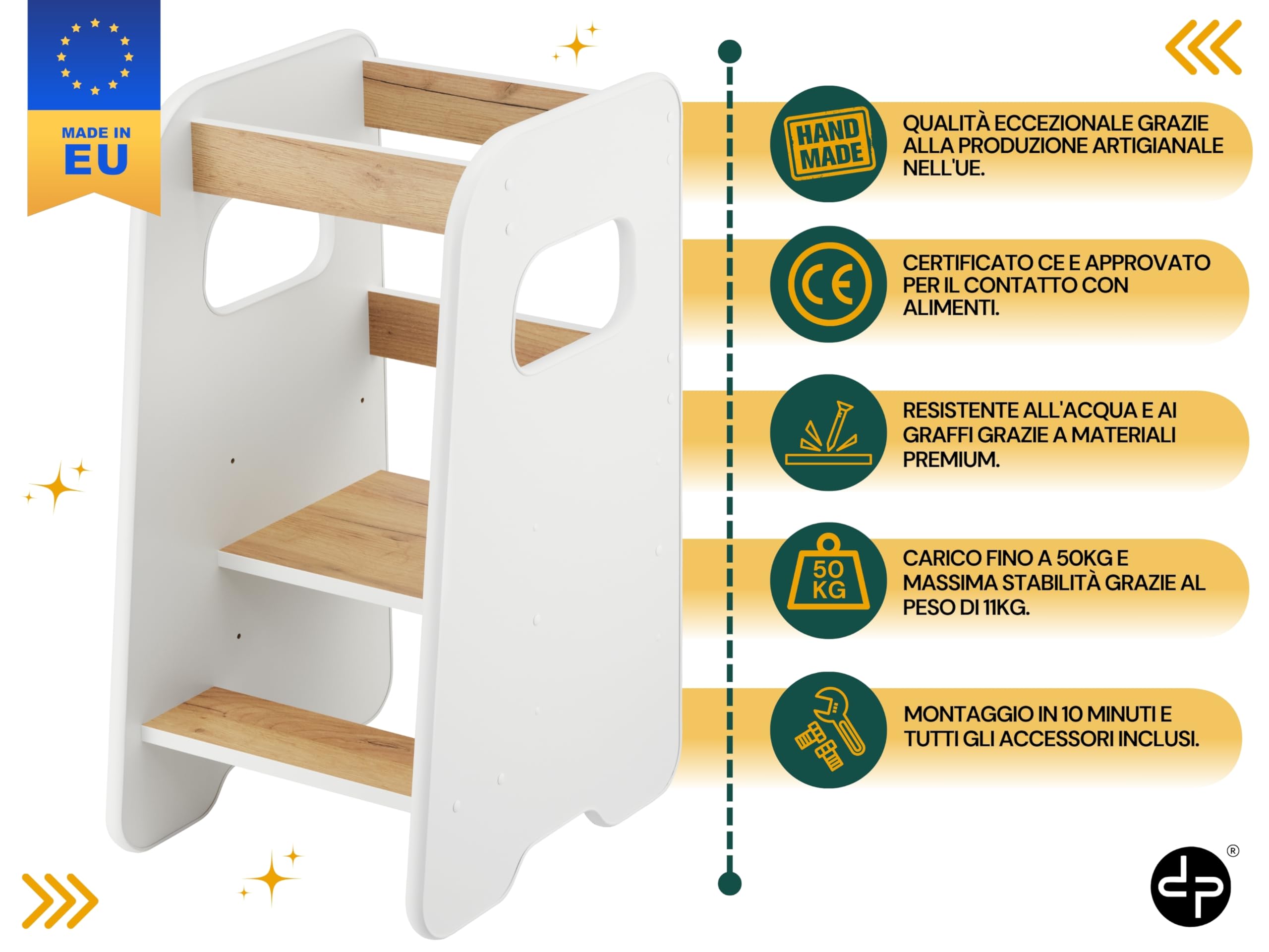 Torre Montessoriana bambini 1 anno Altezza regolabile 3 livelli Sgabello cucina Learning tower Bianco & Rovere
