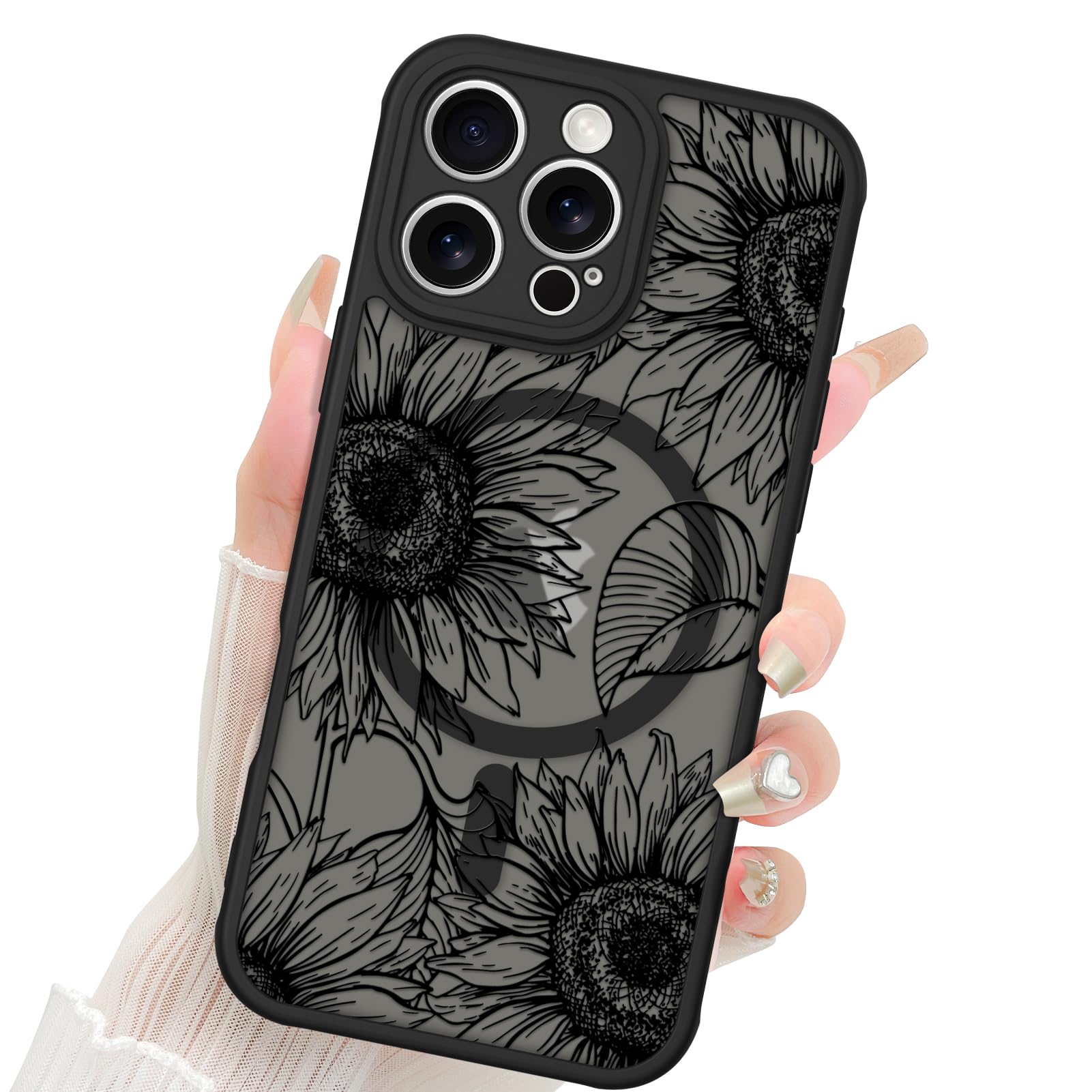 Fiyart Designed for iPhone 16 Pro Max Case Matte Flowers Design Compatible with MagSafe Wireless Charging,Cute Sunflowers Anti-Scratch Translucent