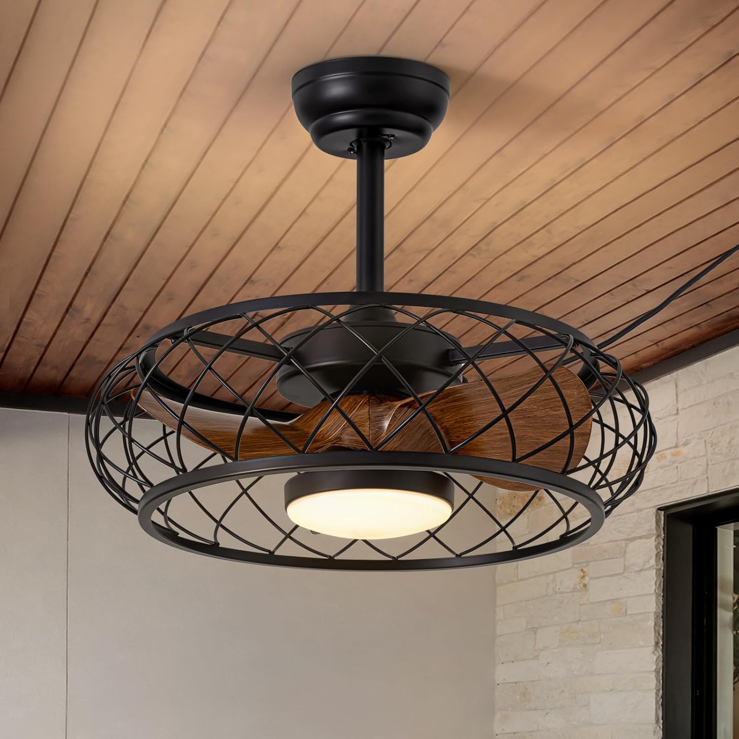 20'' outdoor ceiling fans with lights, gazebo fan wet rated remote&app control, plug in ceiling fan for patios, pergola, ceiling fan with remote control, hanging with hook,black walnut