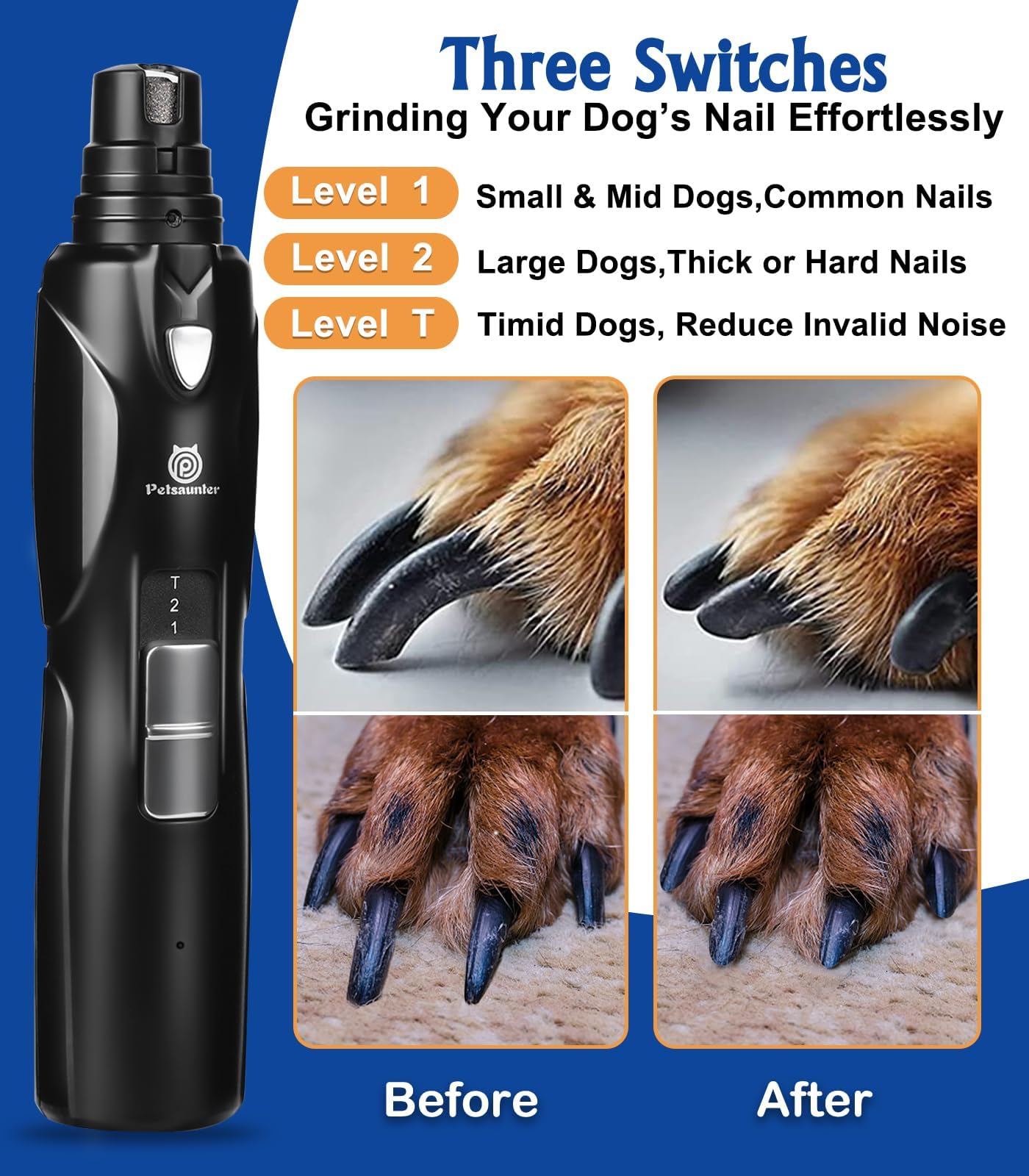 Dog Nail Grinder, 2-Speed and LED Light, Touch-Switch, TypeC, Quiet and Low-Vibration Dog Nail Trimmers, and 3 Ports for Large Dogs, Medium, Small Dogs Cats Pets with Hard or Thick Nail - image 4