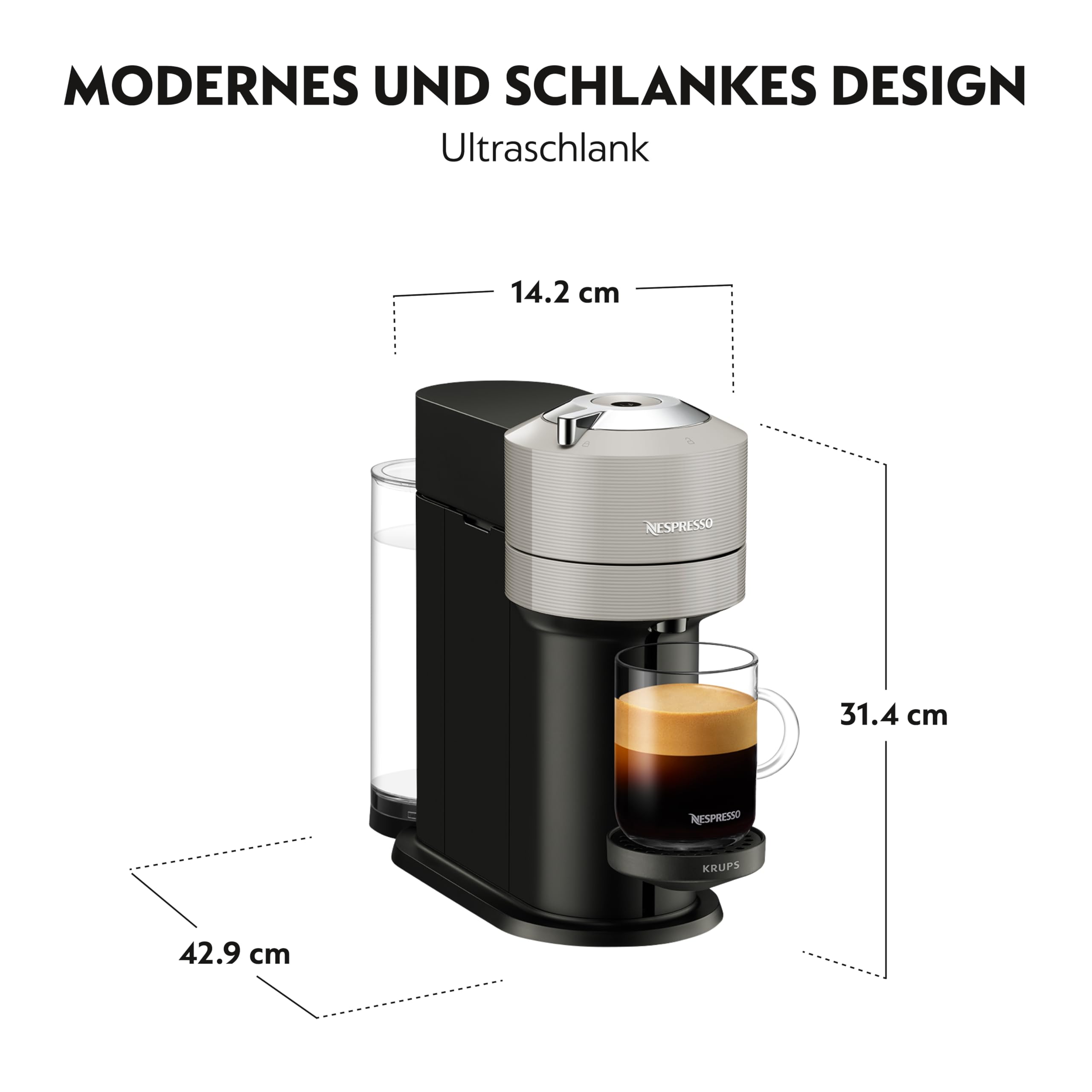 Nespresso Krups XN910B Vertuo Next Kaffeekapselmaschine | 1,1 L Wassertank | Kapselerkennung durch Barcode | 6 Tassengrößen | Power-Off Funktion | 54 % aus recyceltem Kunststoff | Light Grey