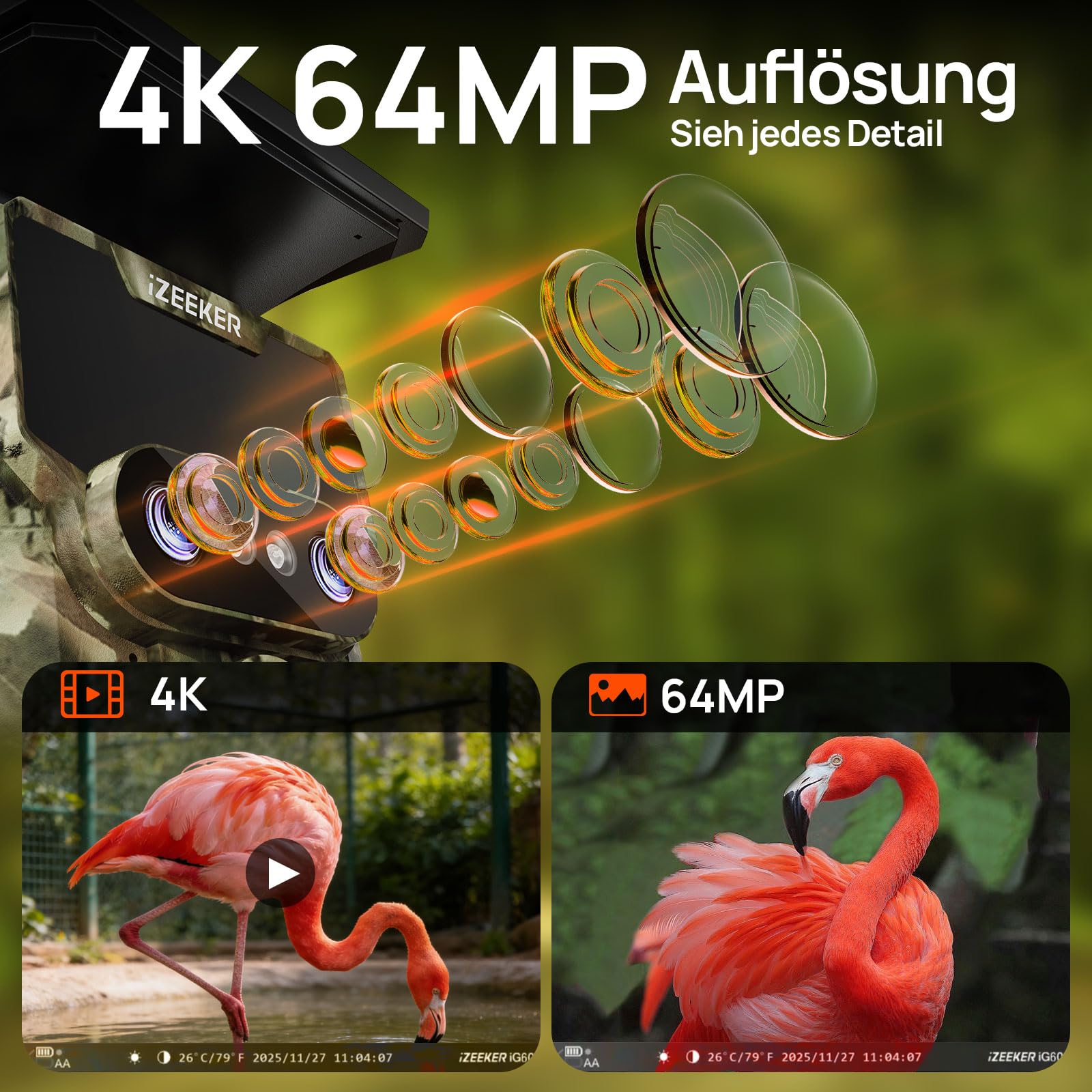 iZEEKER Wildkamera WLAN Duales Objektiv 4K 30fps 60MP, Wildtierkamera mit Sternenlicht Nachtsicht Bewegungsmelder, 120° Erfassungswinkel 0,1s Auslösezeit, Wildcamera mit 32GB SD-Karte und 4 Batterien
