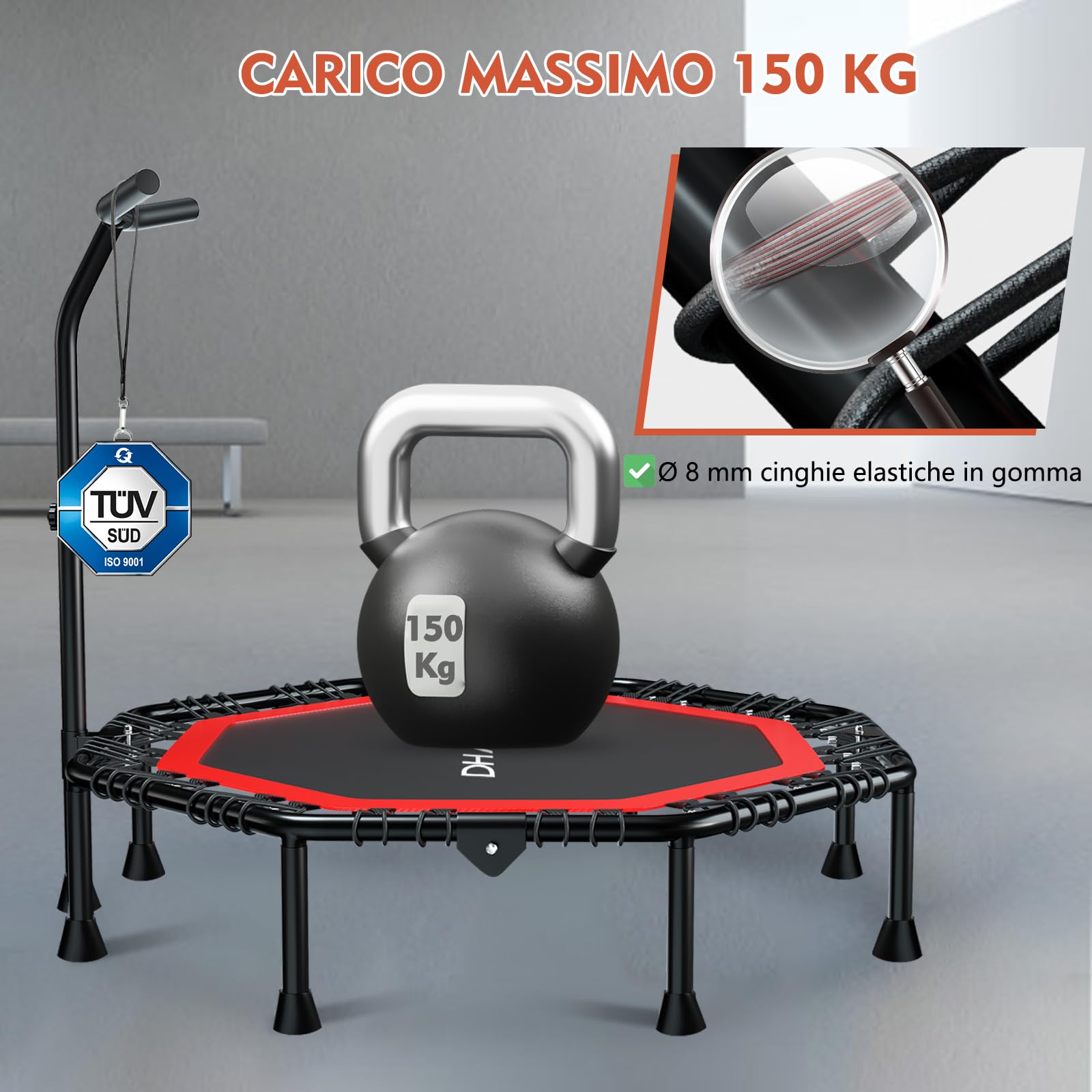 DH FitLife Trampolino da fitness, pieghevole, silenzioso, senza installazione, trampolino da 50 pollici, 128 cm, per interni ed esterni, con 3 gradini regolabili
