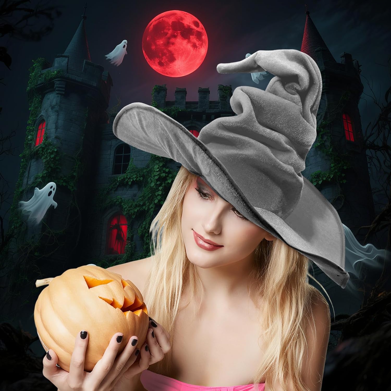 JenPen Women's Witch Hat Large Velvet Ruched Wizard Hat Witch Cosplay Costume Accessory for Halloween Party Masquerade - Image 4