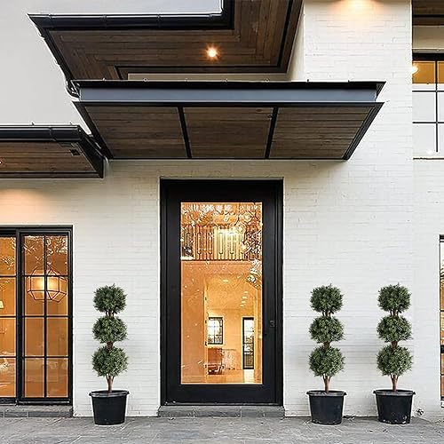 Miniatura 7 de momoplant Árbol de boj artificial Topiario de triple bola, paquete de dos árboles topiarios falsos de 46.5 pulgadas, arbustos sintéticos, plantas en