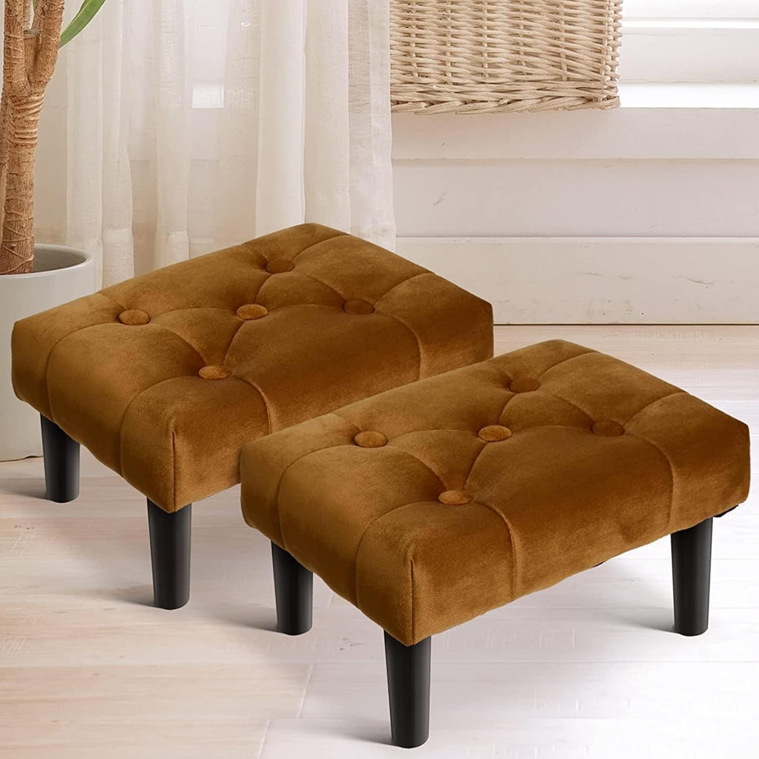 Modern Upholstered Footrest Stool for Living Room, Velvet Cushioned Ottoman Foot Stool with Wooden Legs, Tufted Compact Pouffe for Bedroom, Lounge, Office & Sofa Seating Set of 2 (Mustard Brown)-image-34