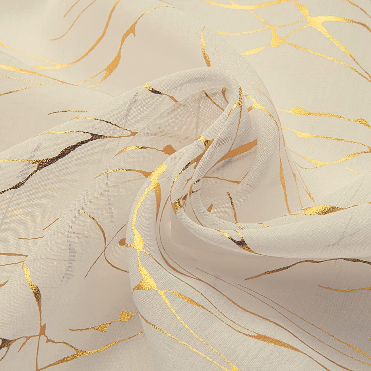 Deeprove Cream Sheer Curtains 96 inch Length 2 Panels, Tree Branch Gold Foil Print Metallic for Bedroom Dining Room Abstract Decor, Semi Sheer Window Treatment Pair Set, Rod Pocket, W52 x L 96"