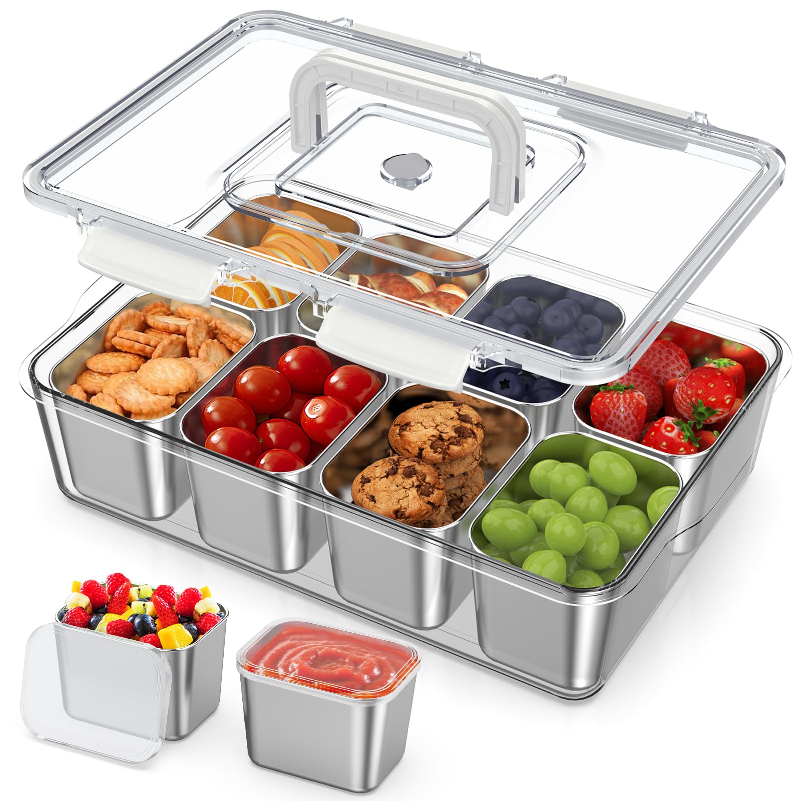 JINDUN Snackbox mit 8 Edelstahl Fächern, Snackteller mit Griff und 8 Einzelnen Deckeln, Verhindert Geruchsübertragung Ldeal, Leicht zu Reinigen für Verschiedene Früchte und Snacks Sowie Gewürze