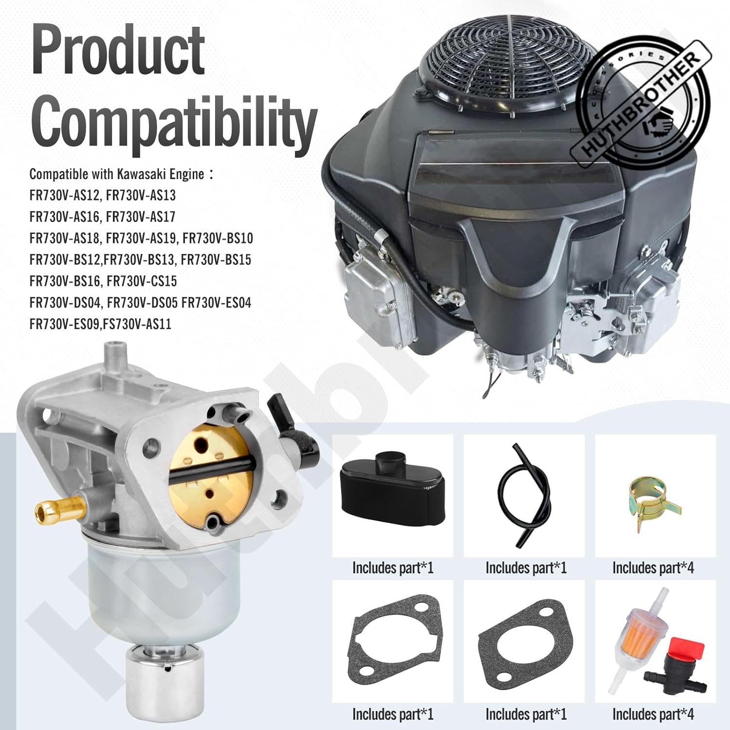 15004-0985 15004-0986 Carburetor & 11013-7047 11013-0726 Air Filter Kit for Kawasaki FR730V FS730V FR651V FS651V FR691V FS691V Engine 15004-0984, 15004-0829, 15004-0826, 15004-7052.