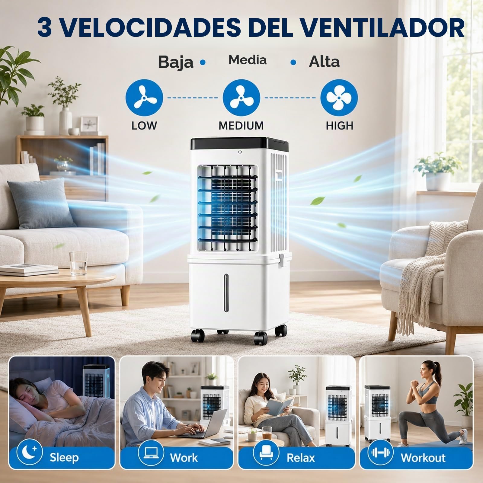 Aire Acondicionado Portátil/Enfriador Evaporativo, 3 Velocidades, Oscilación de 90°, Temporizador de 7,5 H, Control Remoto, para Oficina en Casa o Dormitorio