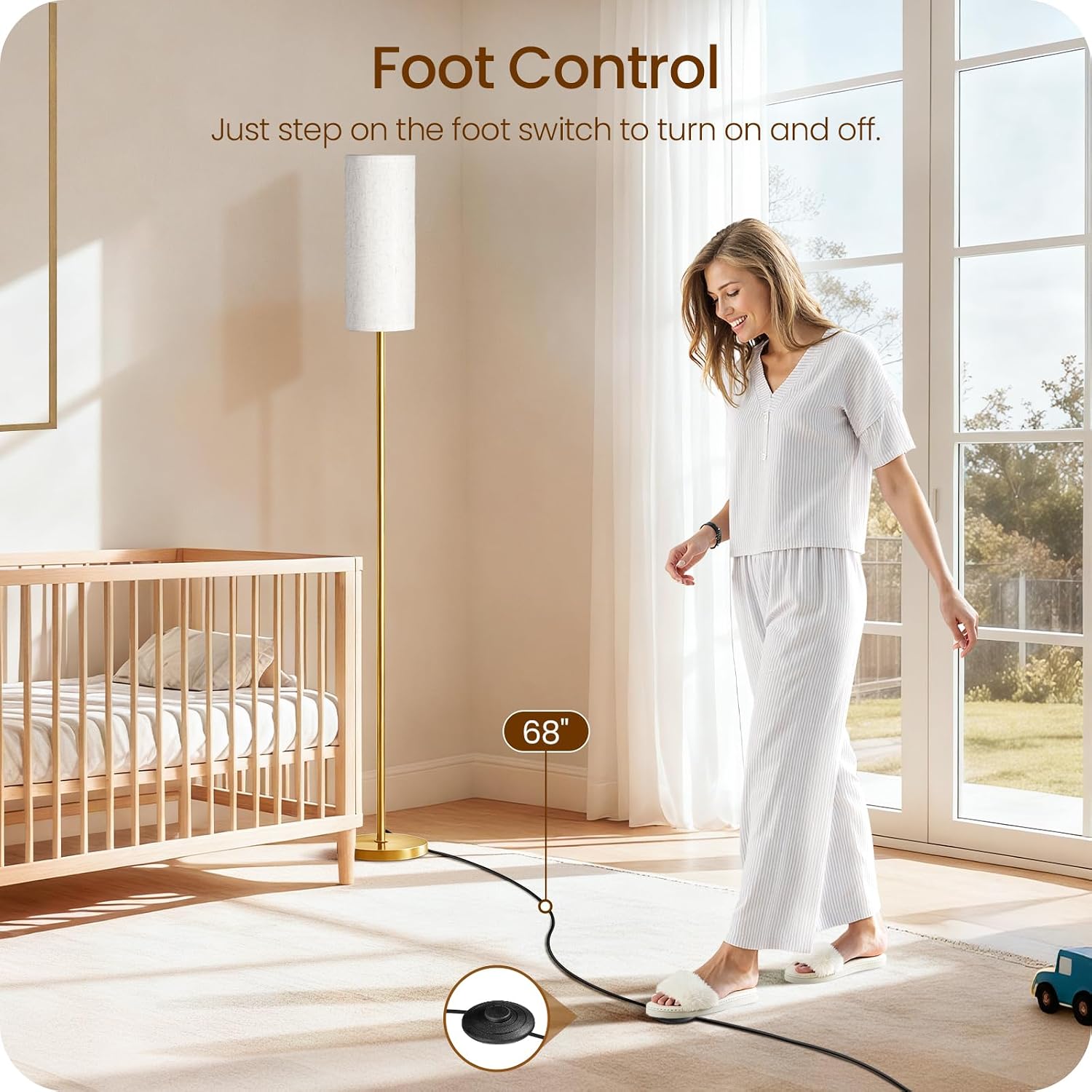 Dimmable Floor Lamps for Living Room with Remote and Foot Switch, 64.4” Modern Standing Tall Lamp, Corner Lamp for Bedroom, Bulb Included, 3000K-6500K, White and Gold, FCC Listed DW06LD05W1 thumbnail