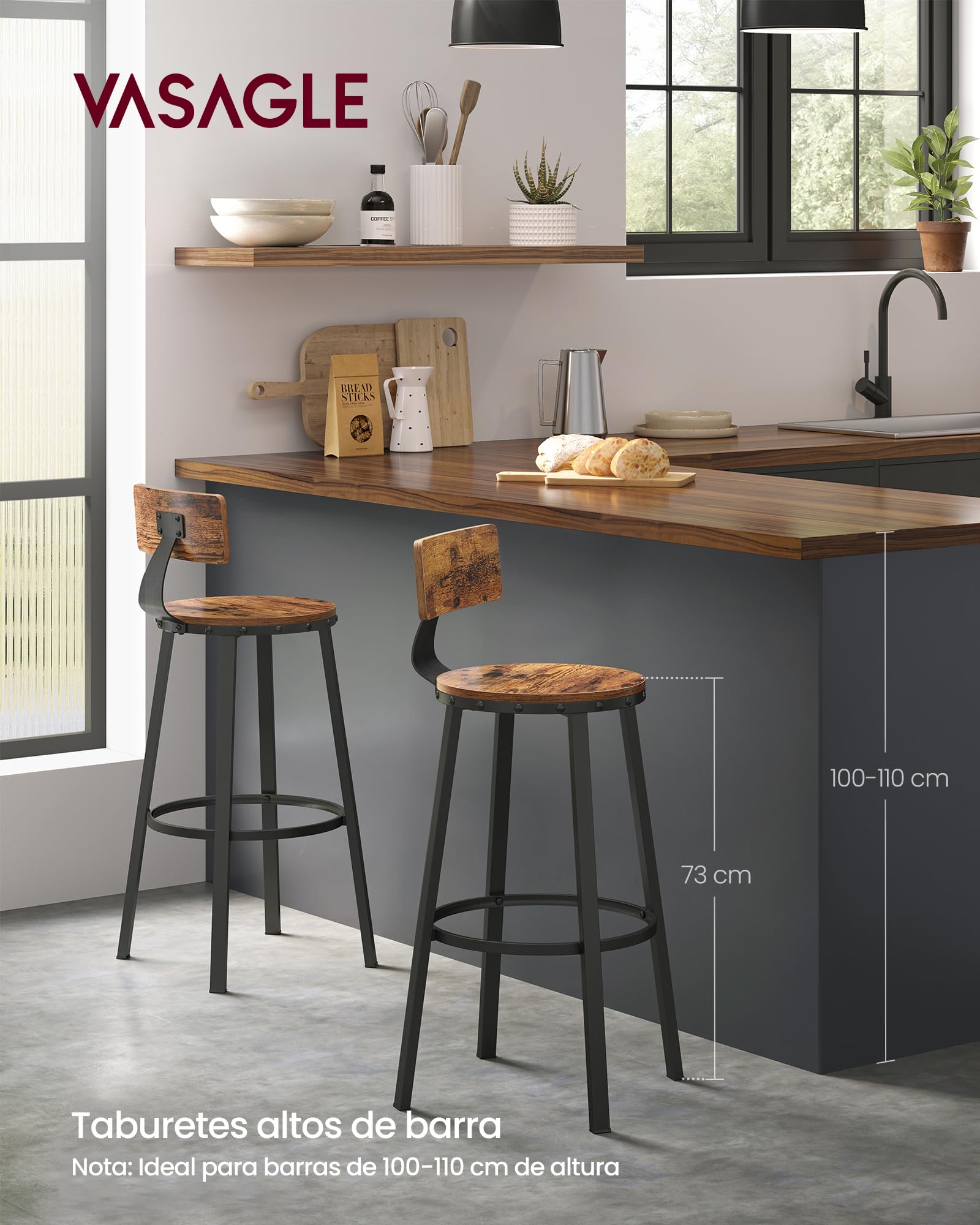 VASAGLE Taburete Alto de Bar, Juego de 2, Taburete de Cocina, con Respaldo, Marco de Acero, Asiento de 73,5 cm de Altura, Fácil Montaje, Estilo Industrial, Marrón Rústico y Negro Tinta LBC026B01V1