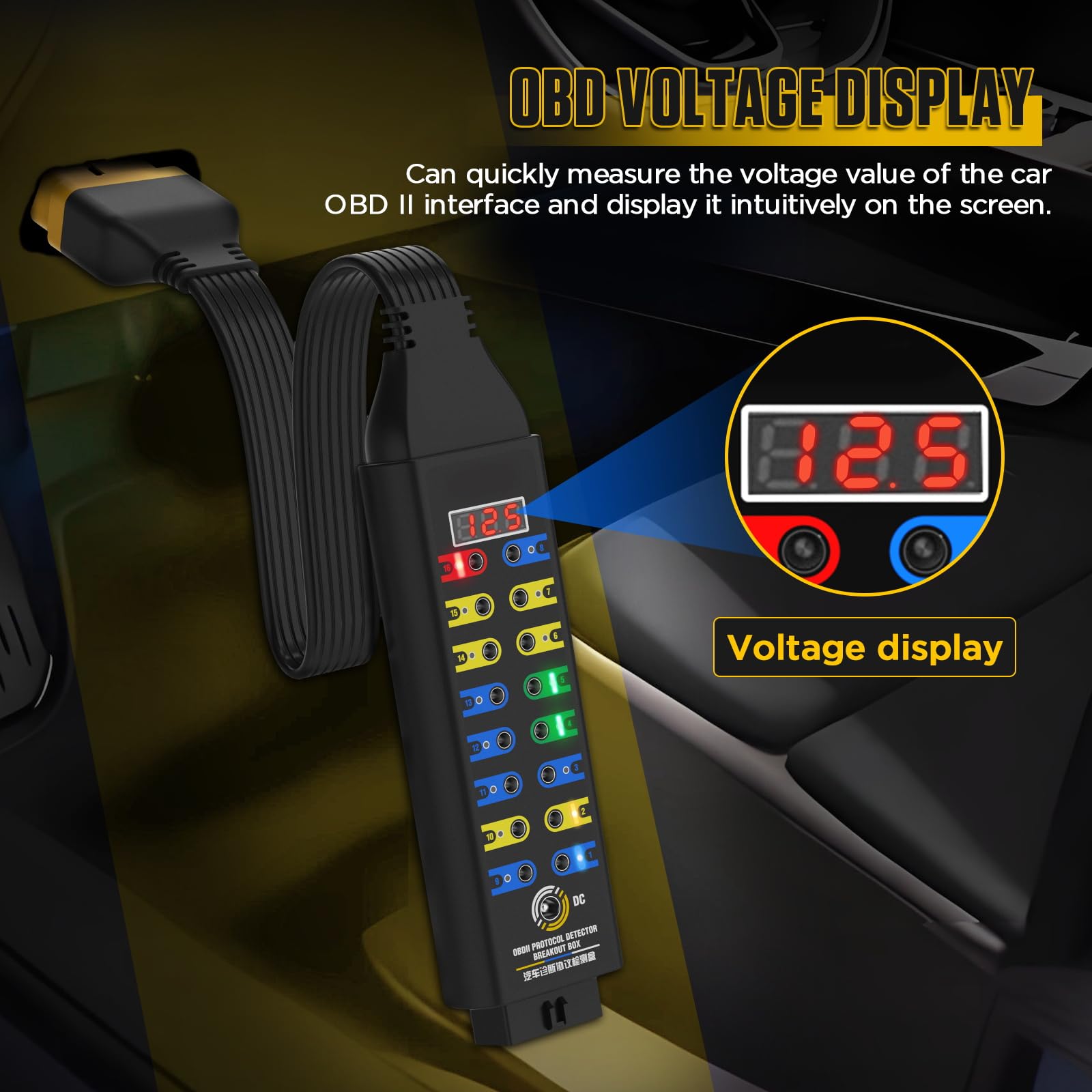Detektor protokołu OBD2 Ulepszona wersja do OBDII z 16-pinowym złączem 45 cm narzędzie diagnostyczne błędów kabla z wyświetlaczem napięcia OBD wskaźnik świetlny LED