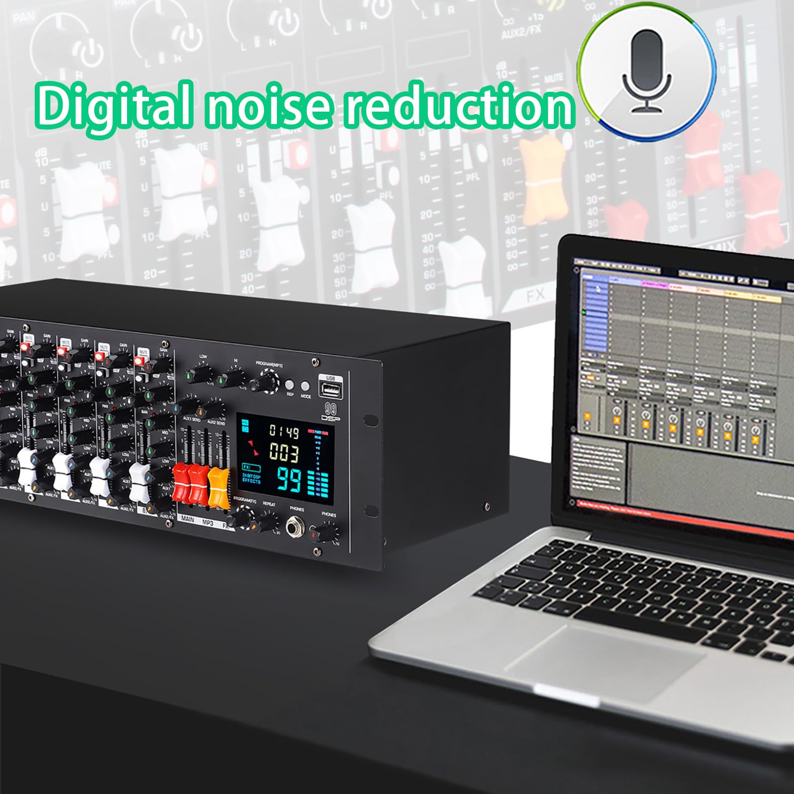 Mezclador de audio profesional de 9 canales con pantalla digital, Bluetooth integrado, alimentación Phantom de 48 V y 99 efectos DSP, entrada MP3 para uso en transmisión