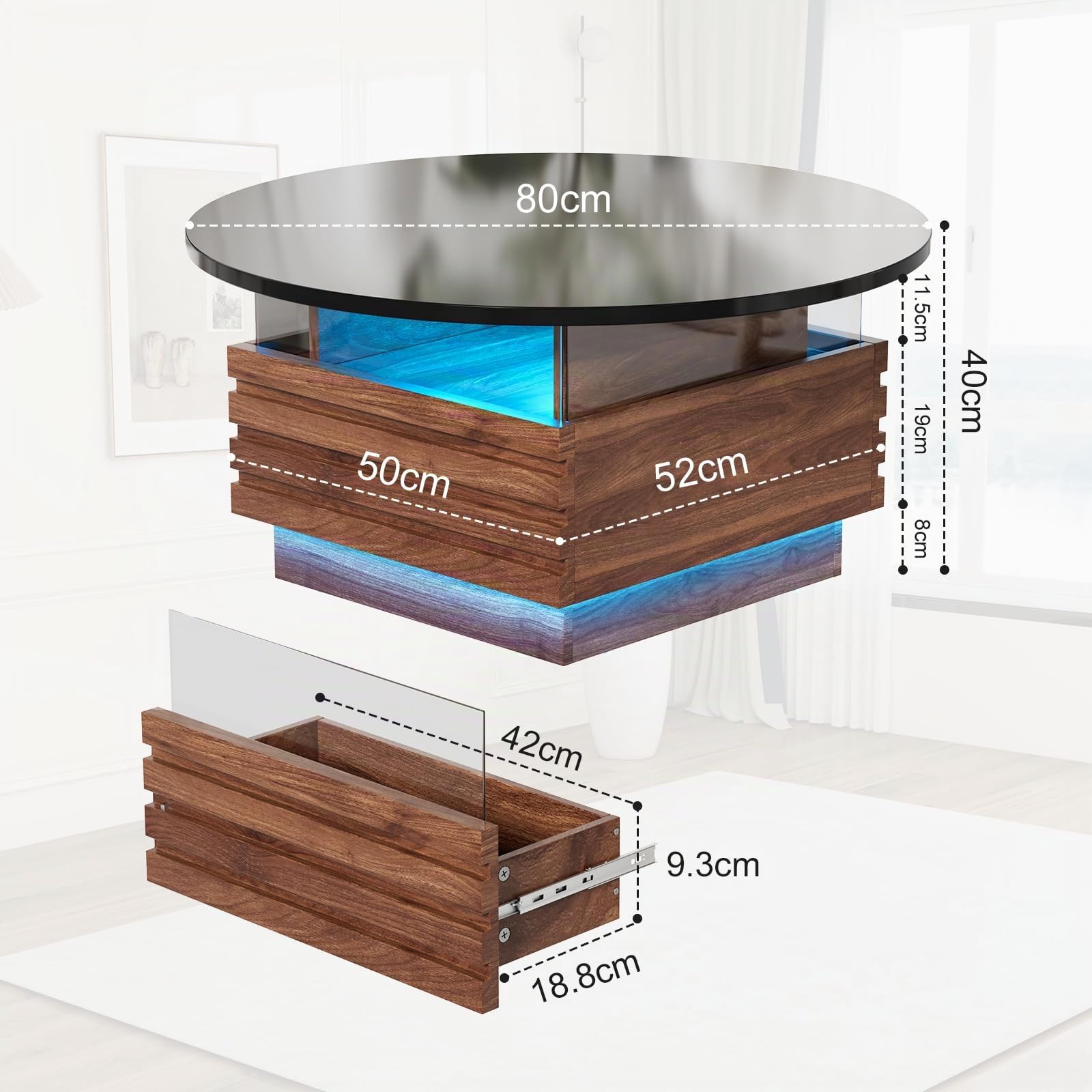 MSFE Runder Couchtisch mit LED Wohnzimmertisch mit 2 Schubladen Modern Sofatisch Runder Kaffeetisch mit Stauraum Couchtisch aus Holz & Gehärtetem Glas für das Wohnzimmer, Büro, Zuhause Ø 80cm x 40cmH