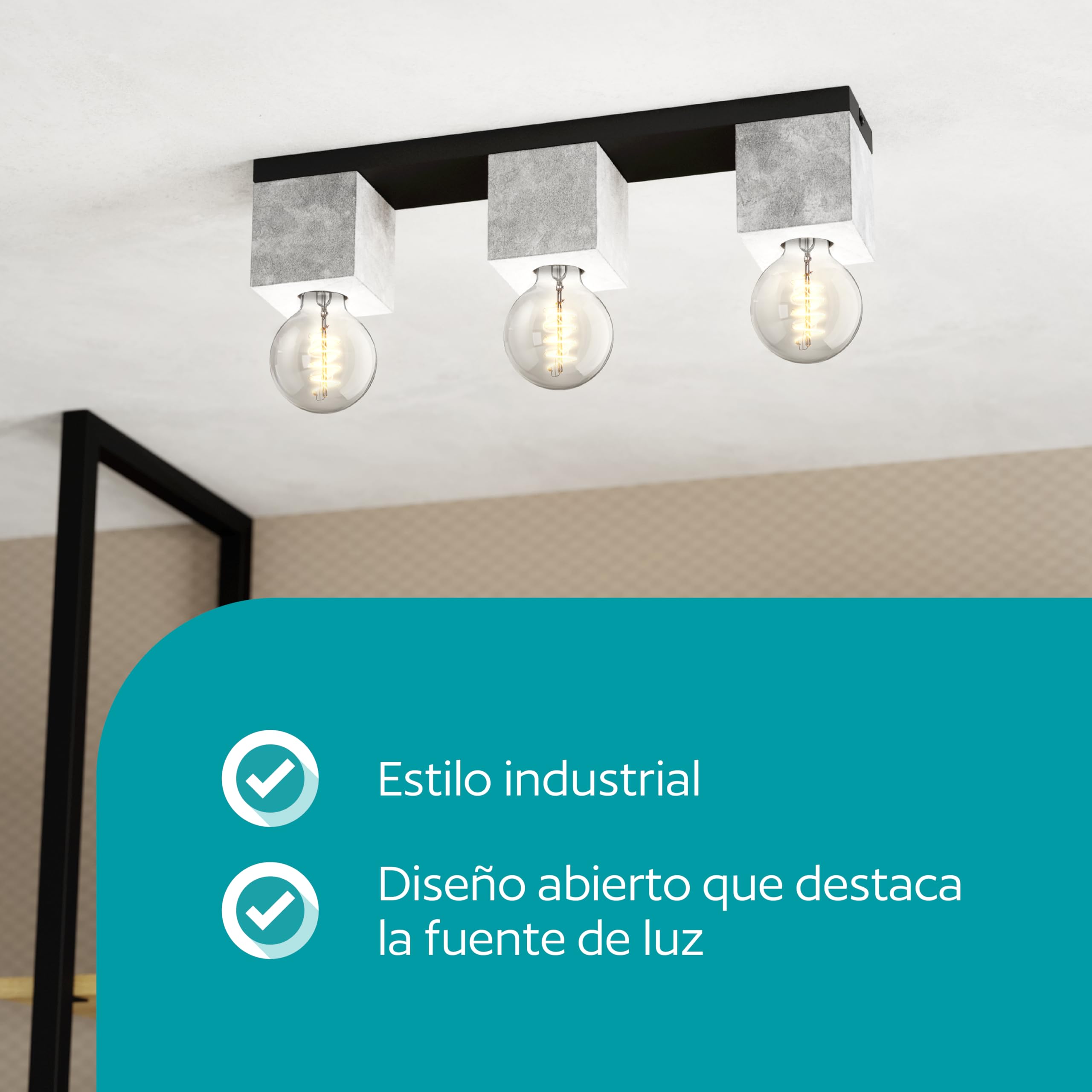 Eglo lámpara de techo Prestwick 3, iluminación de techo de 3 luces | industrial, luz de salón de hormigón en gris y metal en negro, casquillo E27