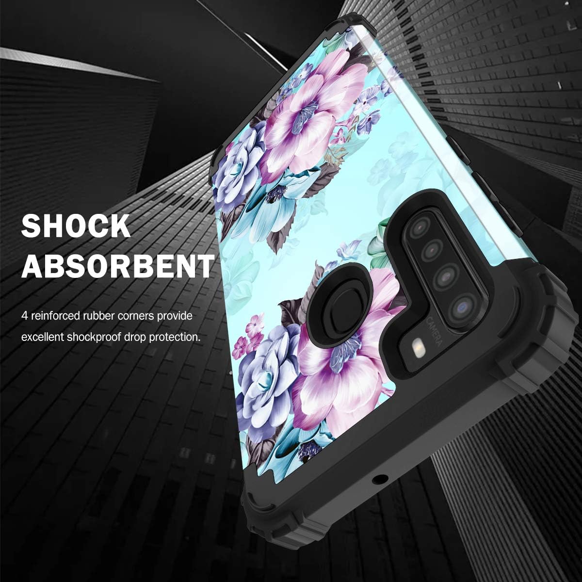 Casetego Compatible with Galaxy A21 Case,Floral Three Layer Heavy Duty Sturdy Shockproof Full Body Protective Cover Case for Samsung Galaxy A21,Blue Flower.