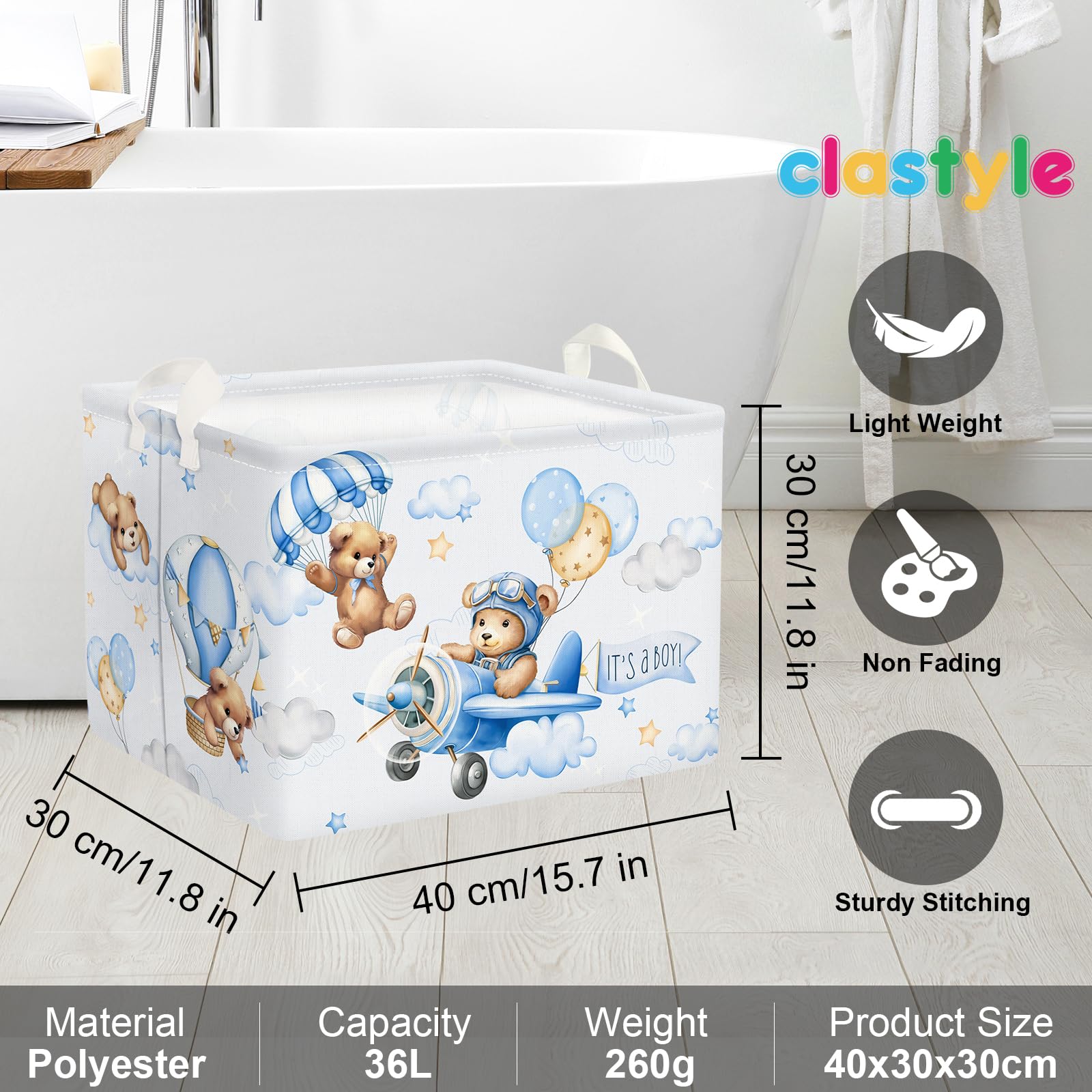 Clastyle Grande Cestino Portaoggetti Orso Pilota Palloncini Blu con Maniglia Ceste per la Biancheria Pieghevole Rettangolare Vestiti Giocattolo per Camera dei Bambini Bagno