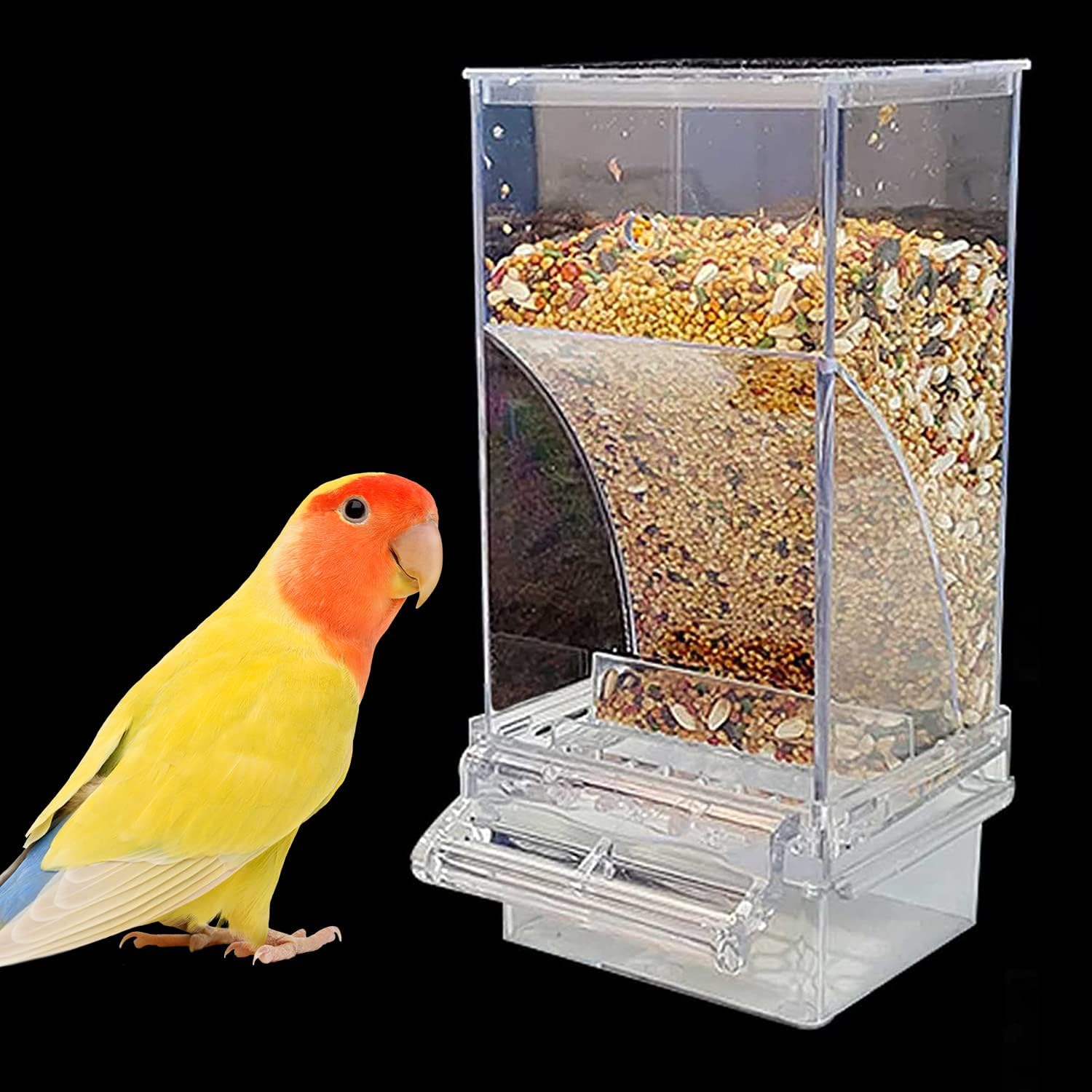 kathson No-Mess Bird Feeder Parrot Integrated Automatic Feeder Seed Food Container Acrylic Finch Foraging Feeders with Perch Cage…