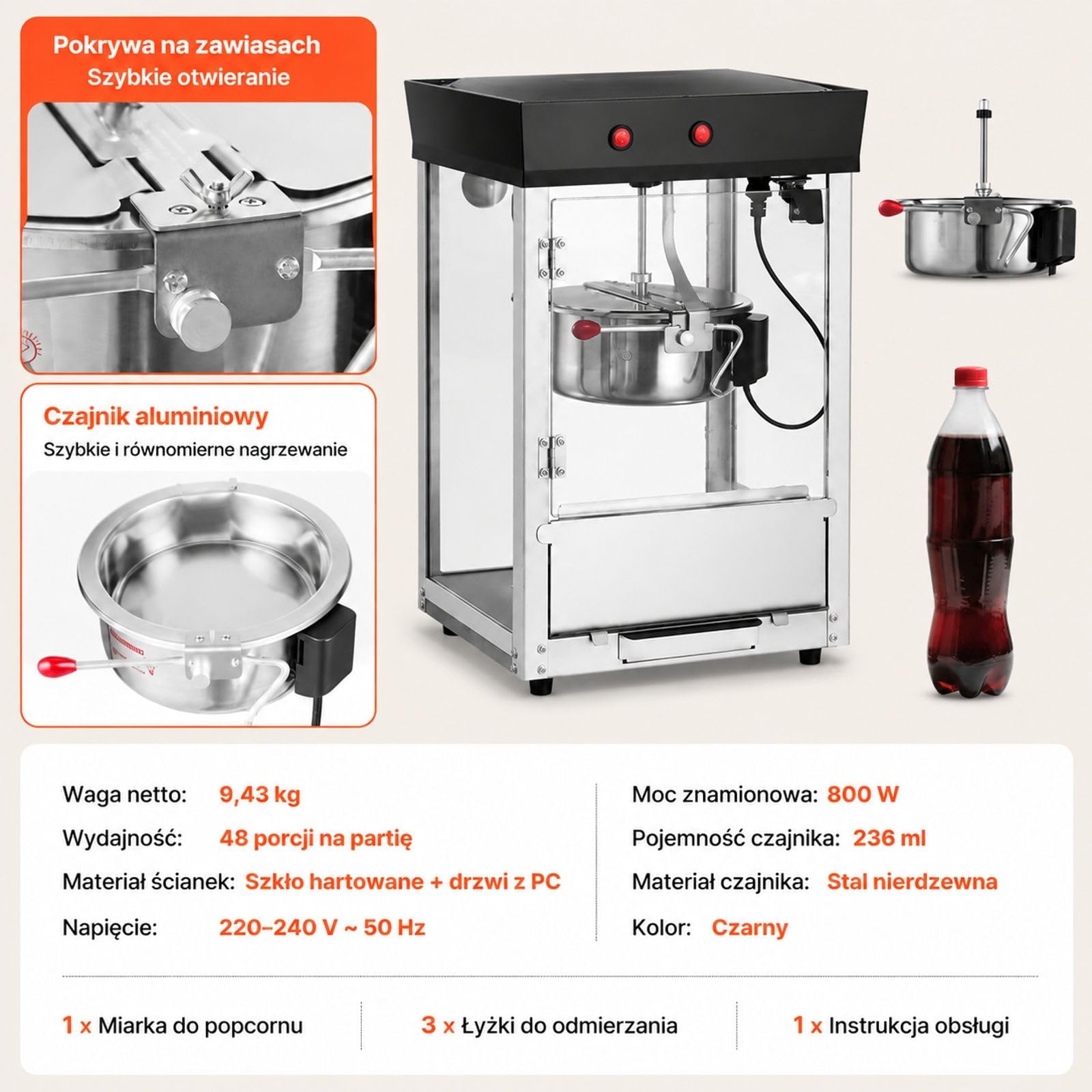 Maszyna do popcornu 800 W, kocioł ze stali nierdzewnej 8 oz, 48 filiżanek na partię, styl kinowy, 2 przyciski, szklana ścianka, drzwi z poliwęglanu, czarna