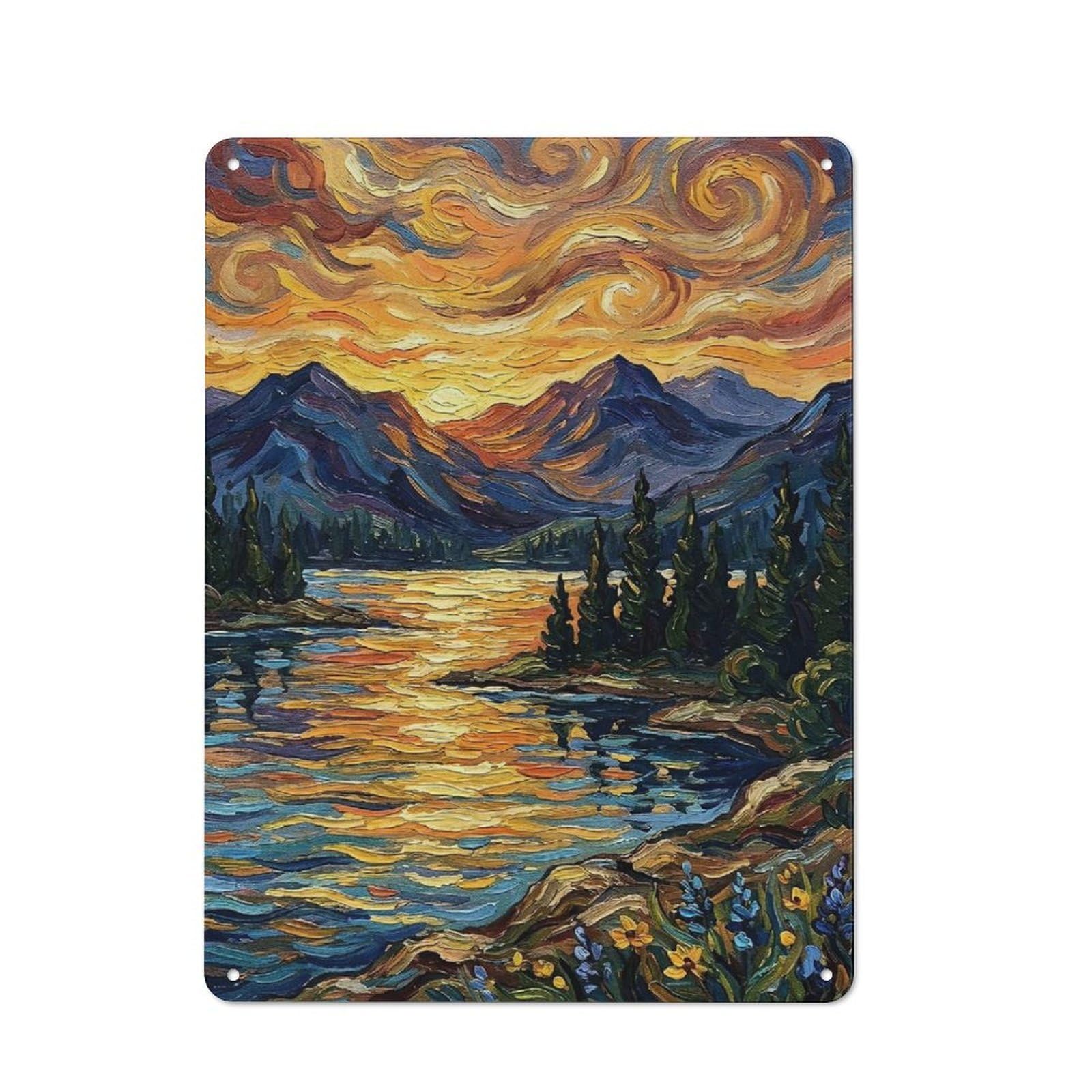Junmoney Style-19 Friendly Cafe Metal Sign 40X30cm Featuring Impressionistic Mountain Lake At Sunset Painting, Cafe Wall Decor For Tea Room, Shop Wall Or Breakfast Area
