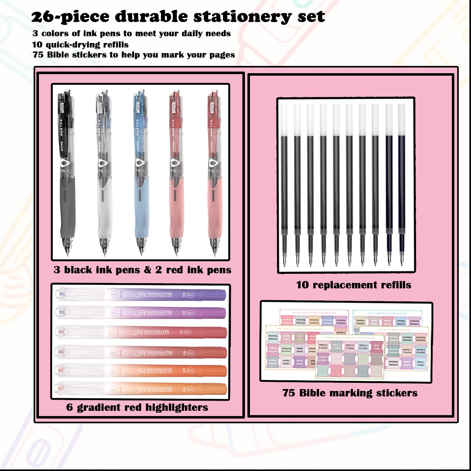 Gelstift-Set für Bibelstudium, mit Textmarkern in Rottönen, 10 Nachfüllungen, 75 Bibelindex-Tabs, kein Verlaufen, ergonomischer Griff, glattes Schreiben, perfektes christliches Geschenk für Tagebücher