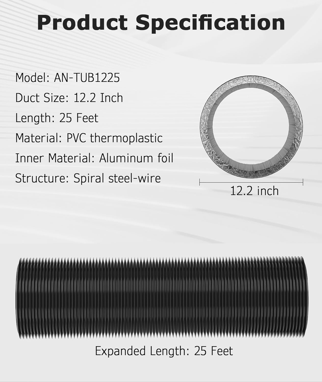 12 Inch 25 Feet Dryer Vent Hose, Aluminum Flexible Duct with 2 Duct Clamps, 4 Layer Protection Heavy-Duty Dryer Hose for Heating Cooling Ventilation and Exhaust