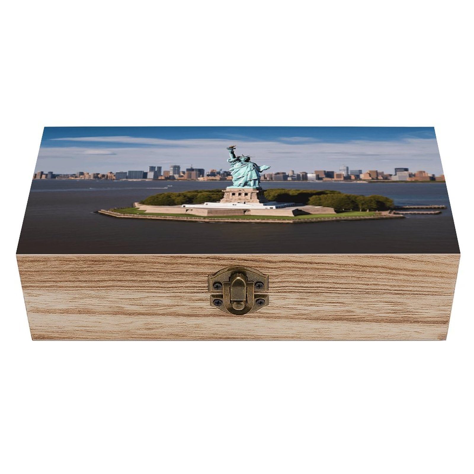 VstaDank Statue of Liberty in NYC Wooden Box Sturdy Vintage Storage Box with Hinged Lid Exquisite Wood Keepsake Boxes Large Jewelry Case Cute Trinket Holder Unique Gift for Men & Women